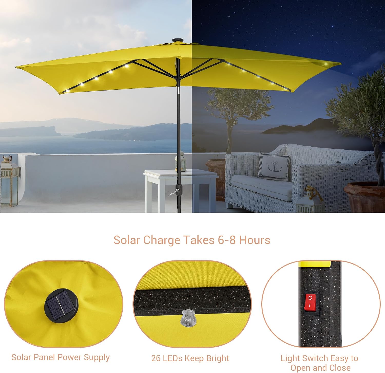 Rectangle patio umbrella with solar lights, 10x6.5ft umbrella outdoor patio with Tilt & Crank Market Umbrella 6 Sturdy Ribs UV Protection Waterproof for Garden Deck Backyard Pool
