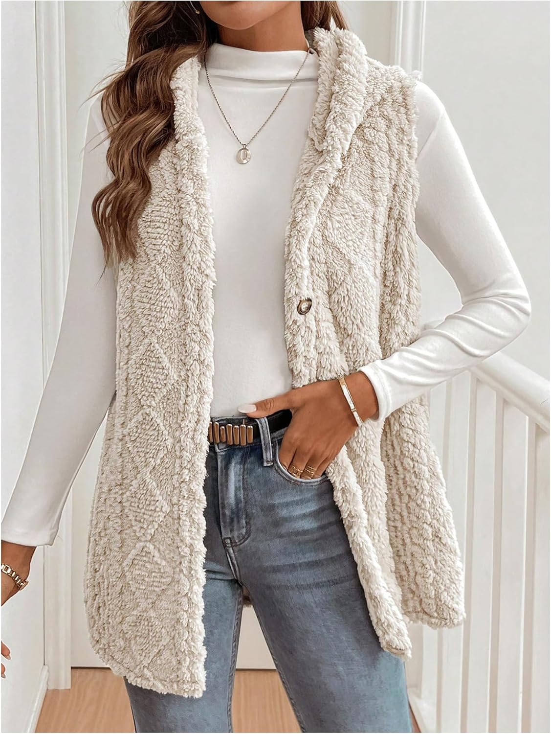 WDIRARA Women's Fuzzy Hooded Vest Outerwear Button Down Sleeveless Furry Coat - Image 3