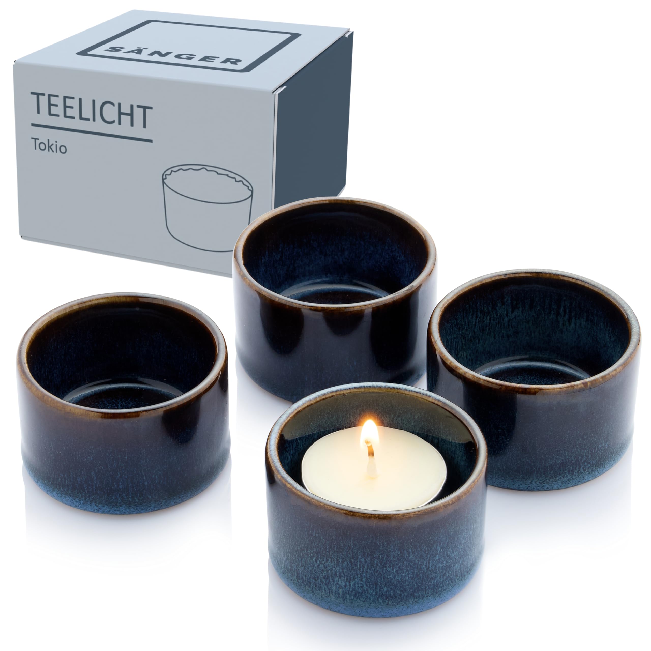 Sänger | Teelichthalter Tokio 8 tlg, Windlicht Glas aus Steingut inkl. Teelicht, Handmade Teelichtgläser mit Windlichtern, Kerzengläser Dunkelblau mit Schwarzen Akzenten 5,2 | PREMIUM COLLECTION