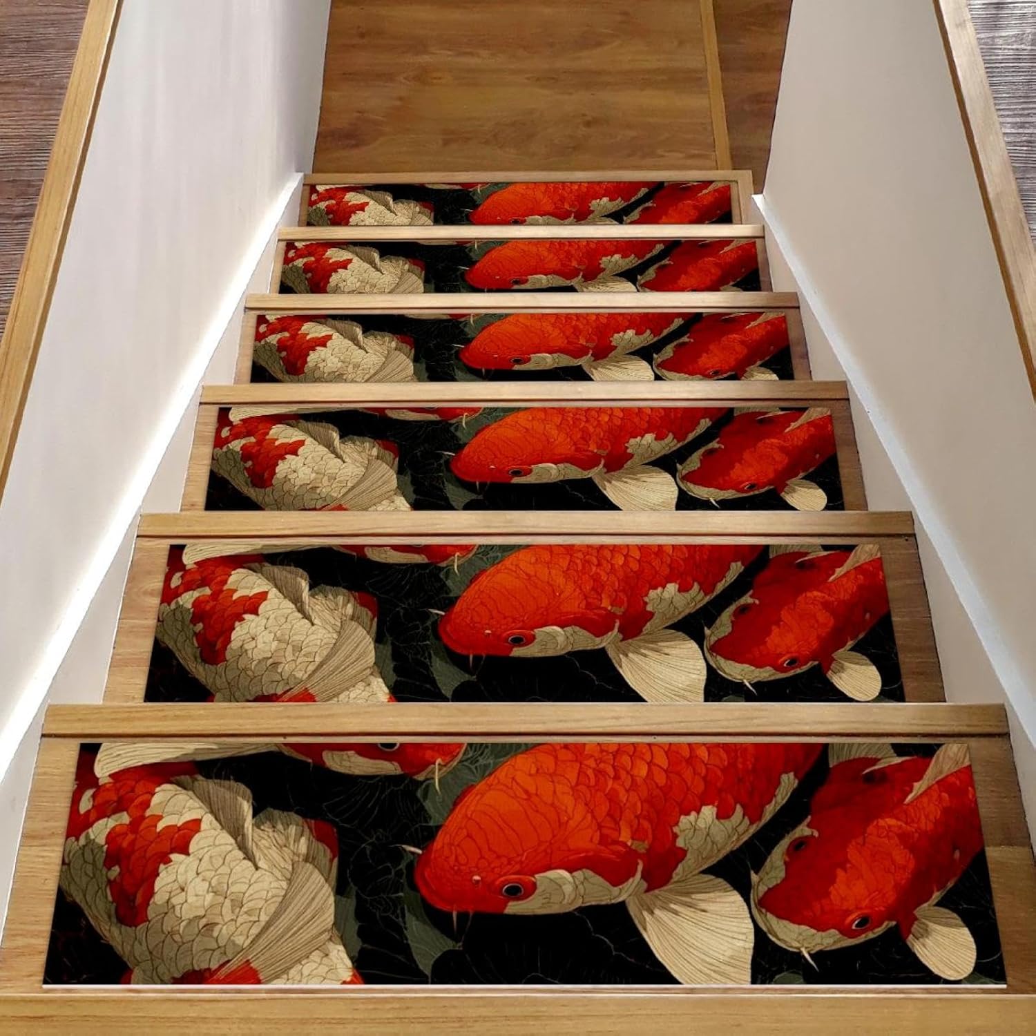 Fish. Koi Carp Pattern (2) Stair Treads Non Slip for Wooden Steps, 15PCS 8"x30" Stair Runner Mats, Washable Reusable Carpet for Stairs Rugs Indoor Safety Staircase Step Treads for Kids Elders Dogs