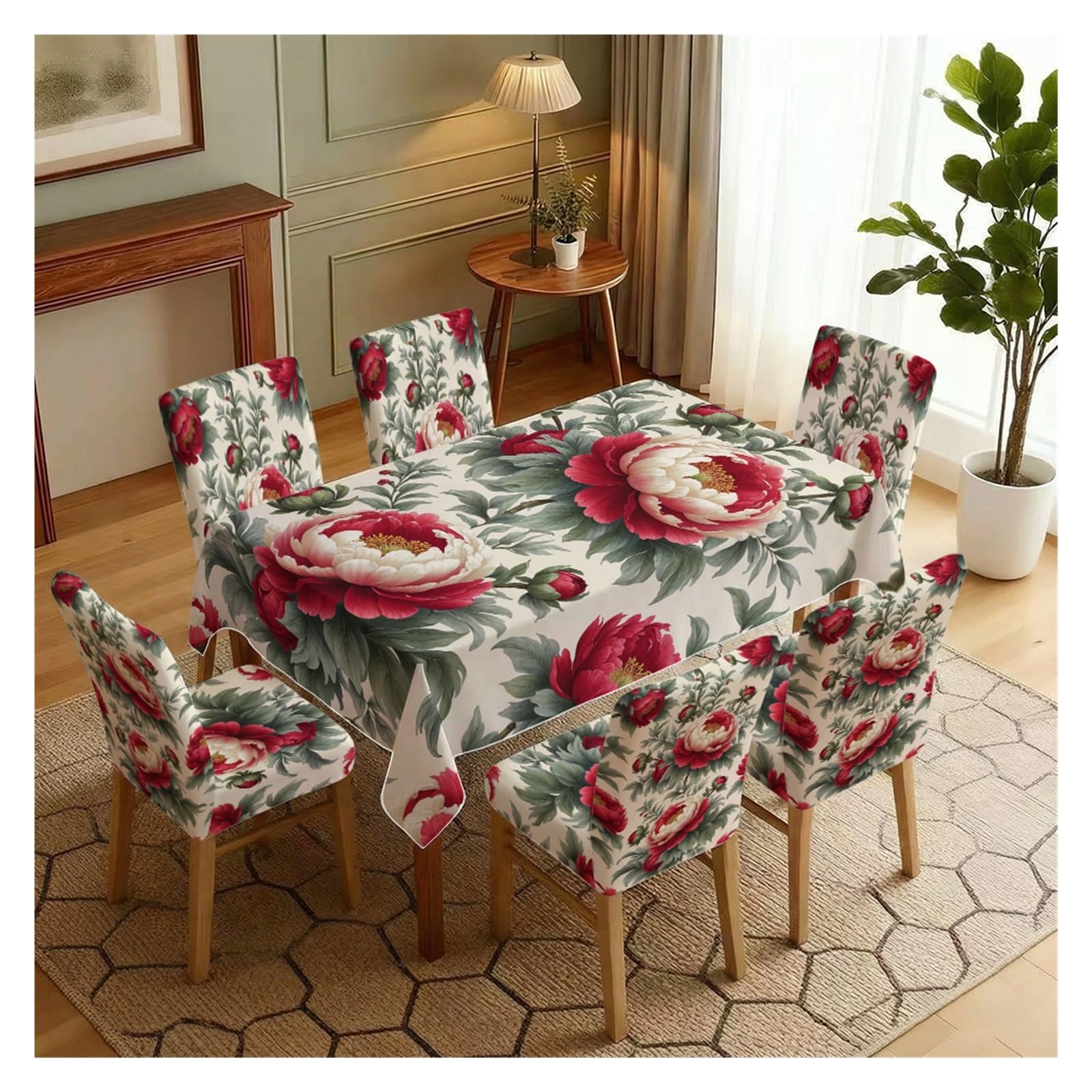 KXUAUV Vintage Red Peony Floral Tablecloth And Chair Covers Set, Stretch Slipcovers For Elegant Cottage Dining Room Decor, 5/7 Pack Party Decor(7pcs Set: Tablecloth+Chair Covers)