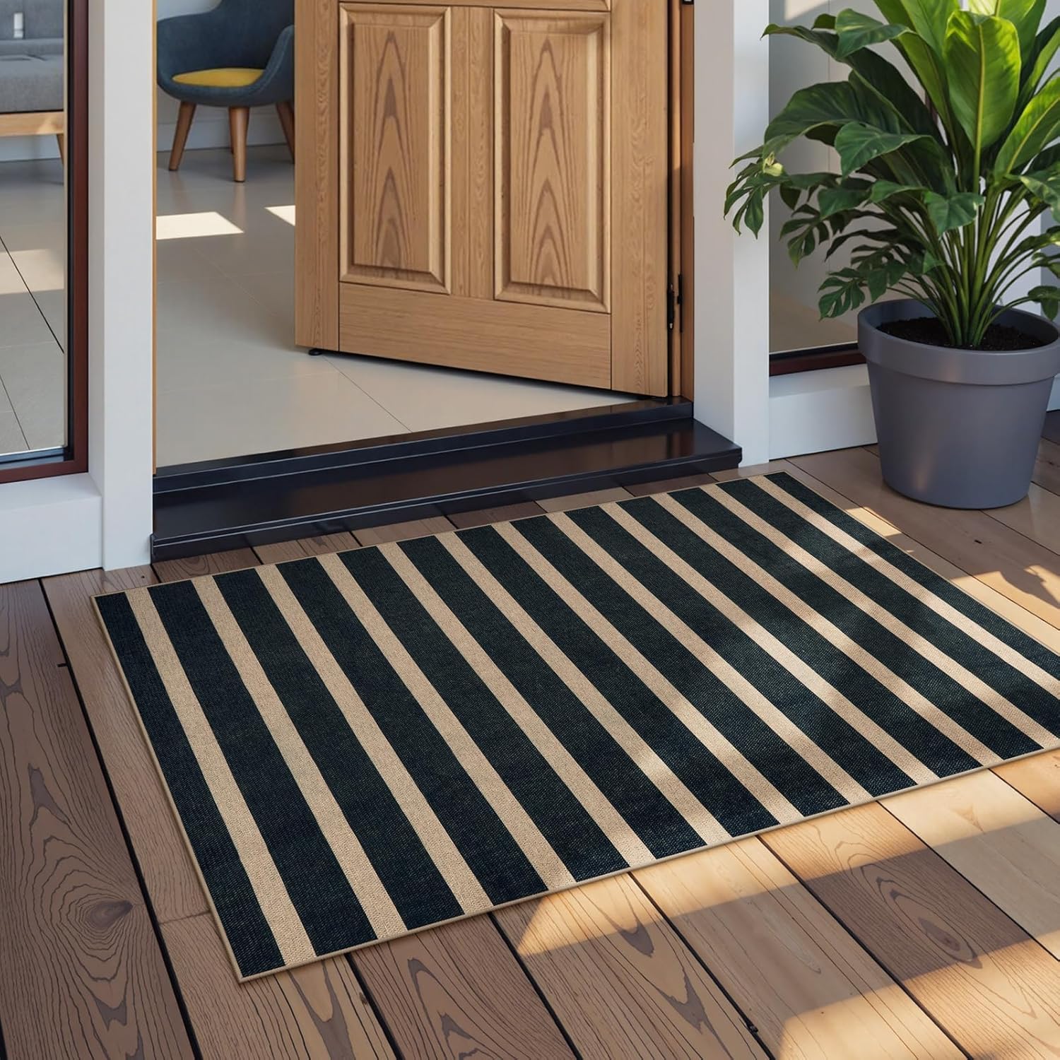 Lahome Elance Striped Easy Jute Entryway Rug, 2x3 Kitchen Rugs Non Slip Washable Indoor Outdoor Door Mat, Farmhouse Neutral Lightweight Non Shedding Small Carpet for Entry Welcome Door