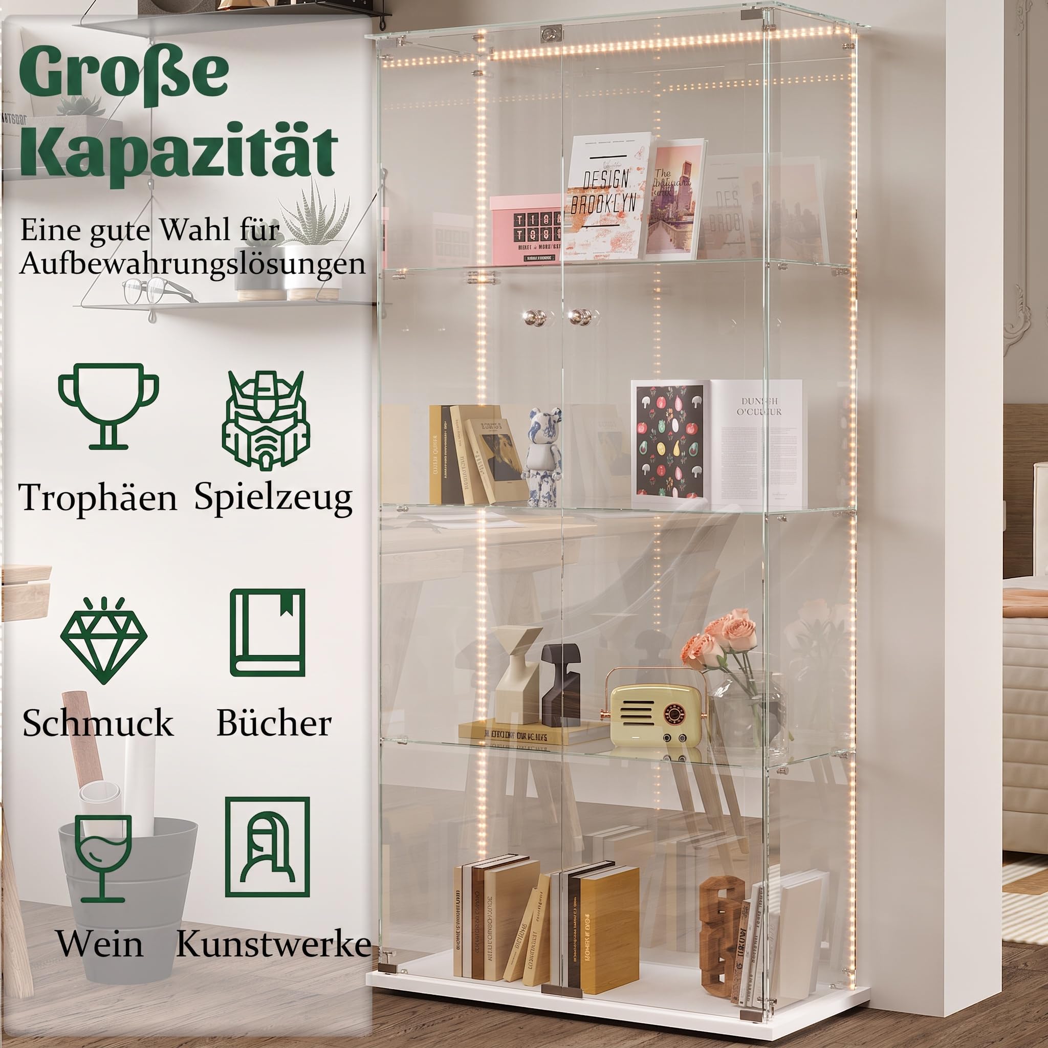 Vitrina de Cristal con LED y Cerradura, Armario Vitrina 78,5 x 35 x 163 cm, Vitrinas de Exposición de 4 Niveles con Estantes Regulables, Mueble Vitrina para Salón, Oficina, Figuras y Libros,Blanco-D