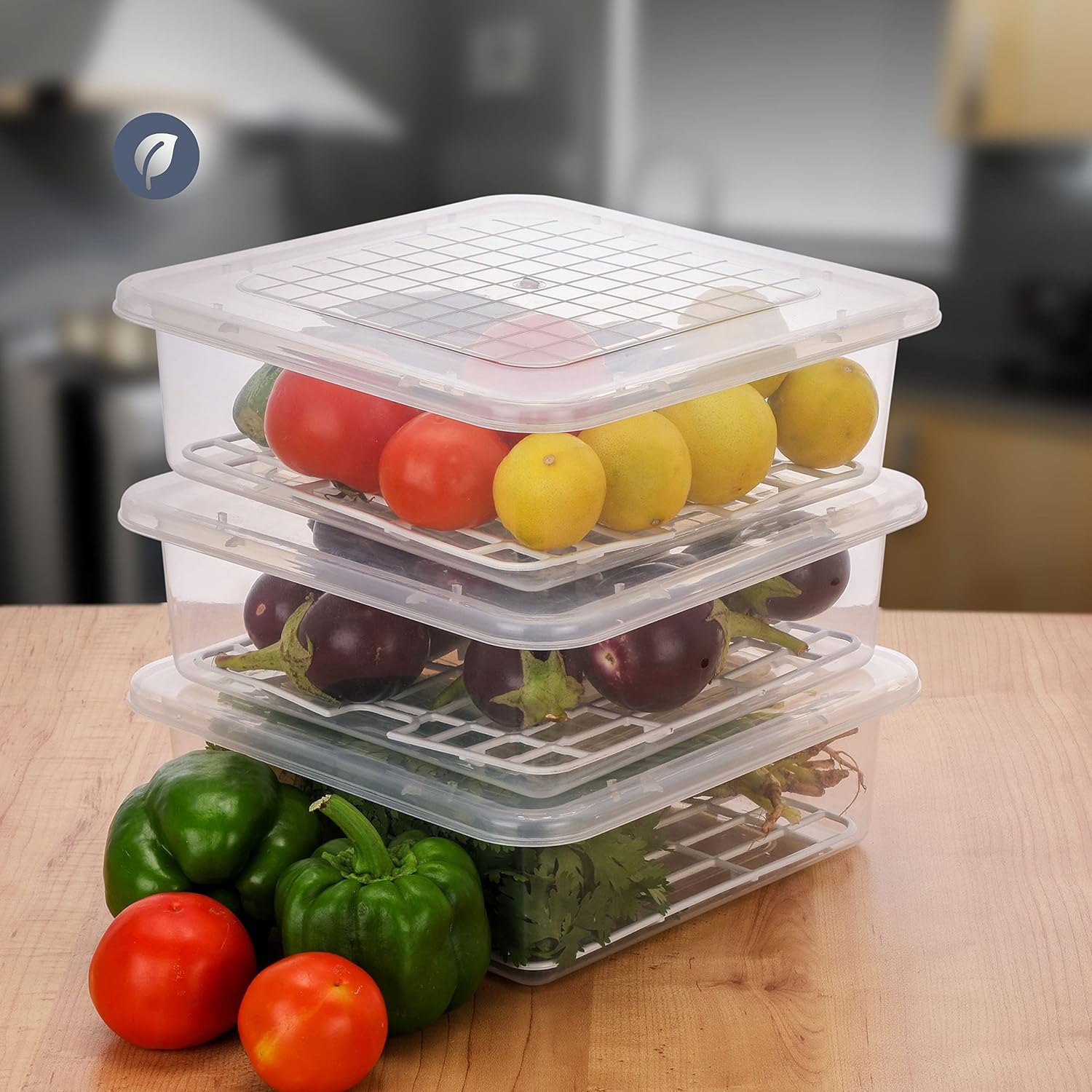 Krushnam Plastic Fridge Storage Boxes Fridge Organizer With Removable Drain Plate&Lid,Stackable