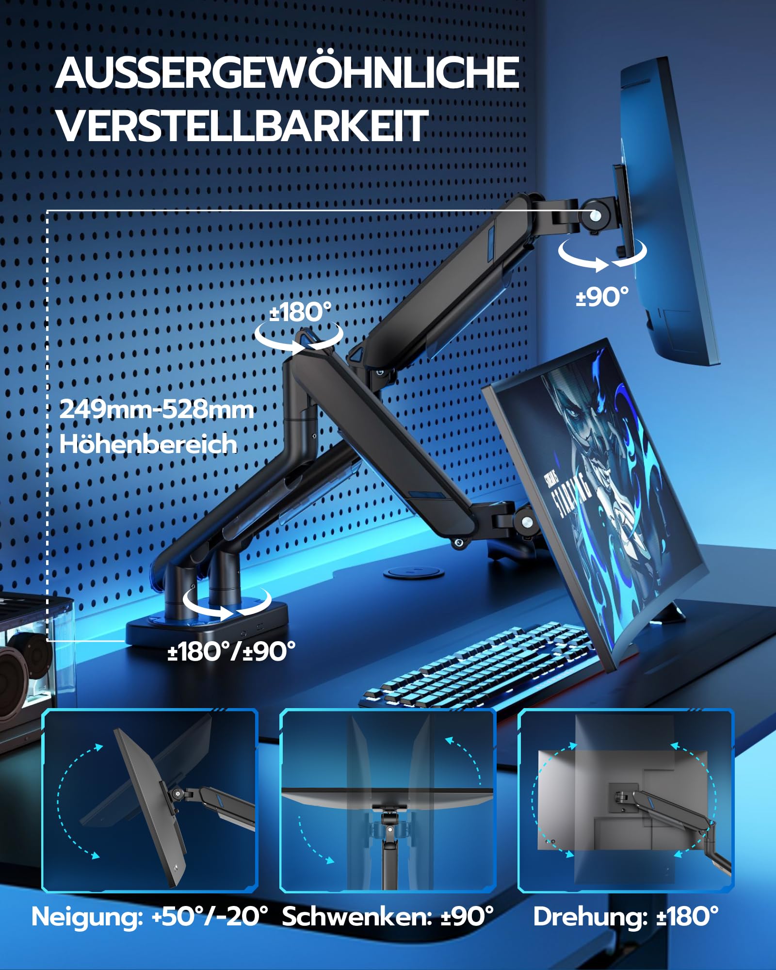 ARES WING Dual Monitor Halterung für 17-45 Zoll Bildschirme, Schwarz | Bildschirmhalterung 2 Monitore Gasfeder, Höhenverstellbar Schwenkbar Monitor Halterung, 2-20kg/arm，VESA 75/100 mm