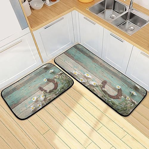 Juego de 2 alfombras de cocina con flores de herradura oxidada, diseño de margaritas, alfombra de pasillo de madera rústica para cocina, alfombra de