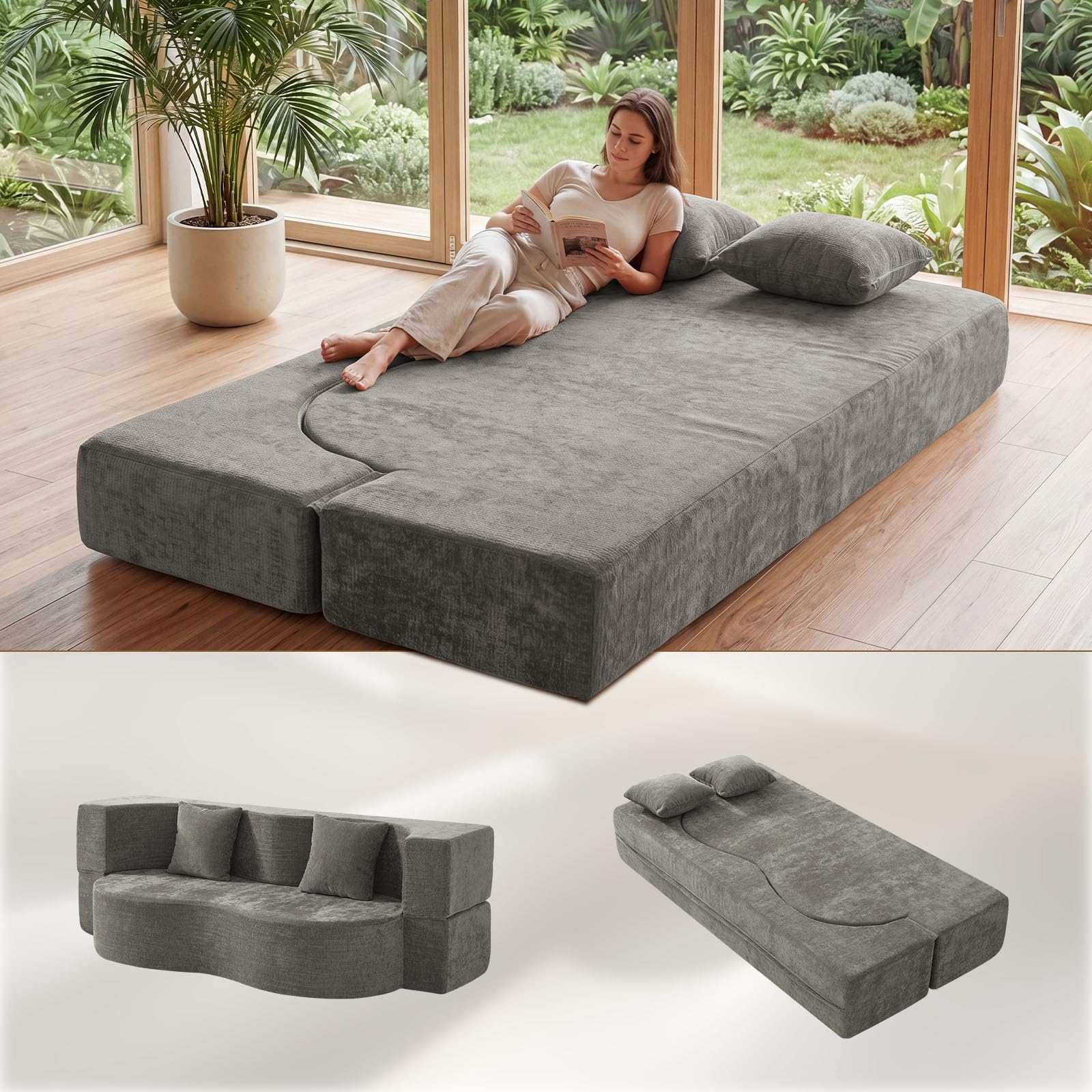Faltbares 3-Sitzer Gästebett & Schlafsofa, 200 cm breites XXL Bett in Grau – Bequeme Klappcouch für Wohnzimmer, Schlafzimmer als Lounge oder Gästebett