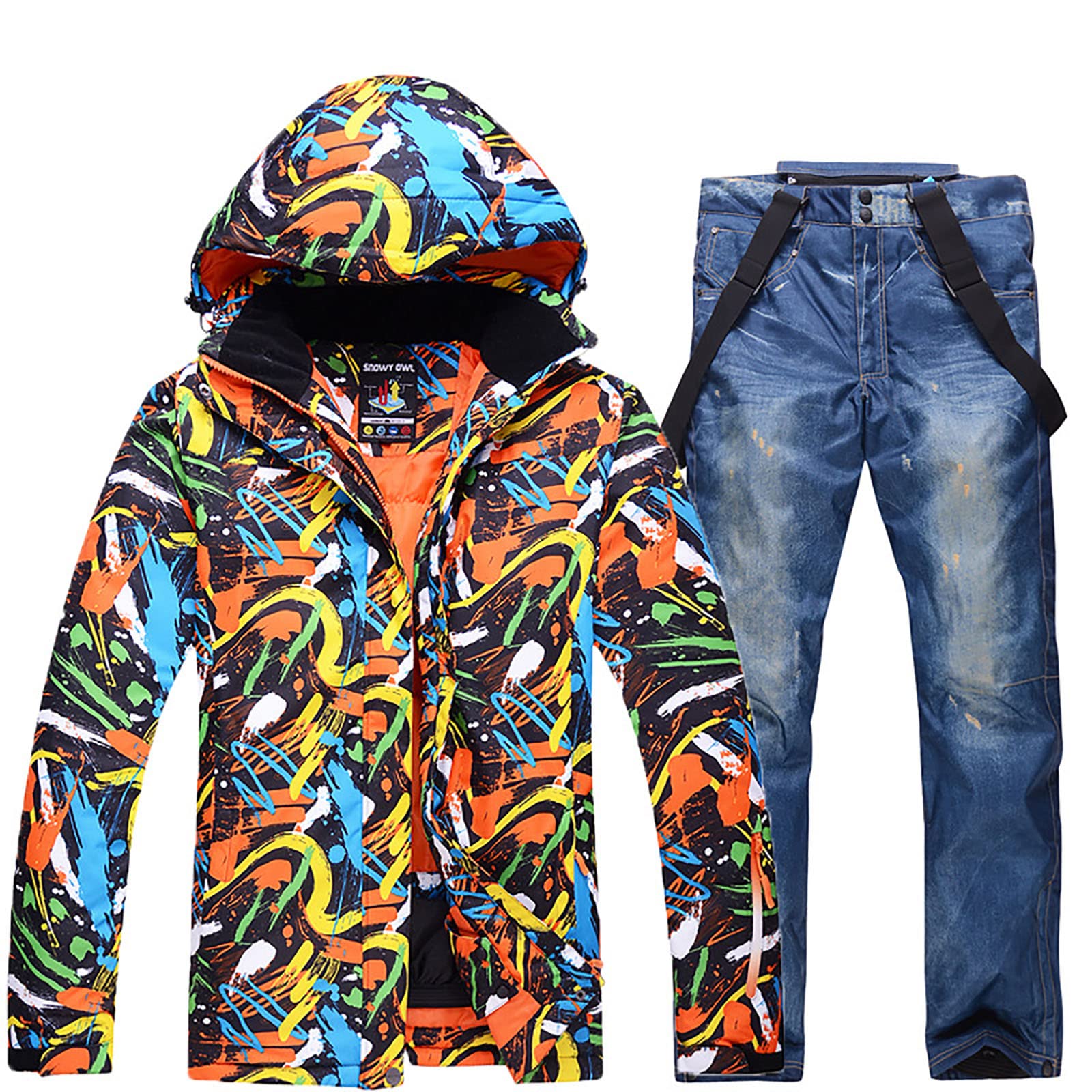 Tuta da Sci da Uomo con Motivo a Nastro Cappotto con Jeans Giacche e Pantaloni da Snowboard Abbigliamento Impermeabile da Esterno Tuta da Neve