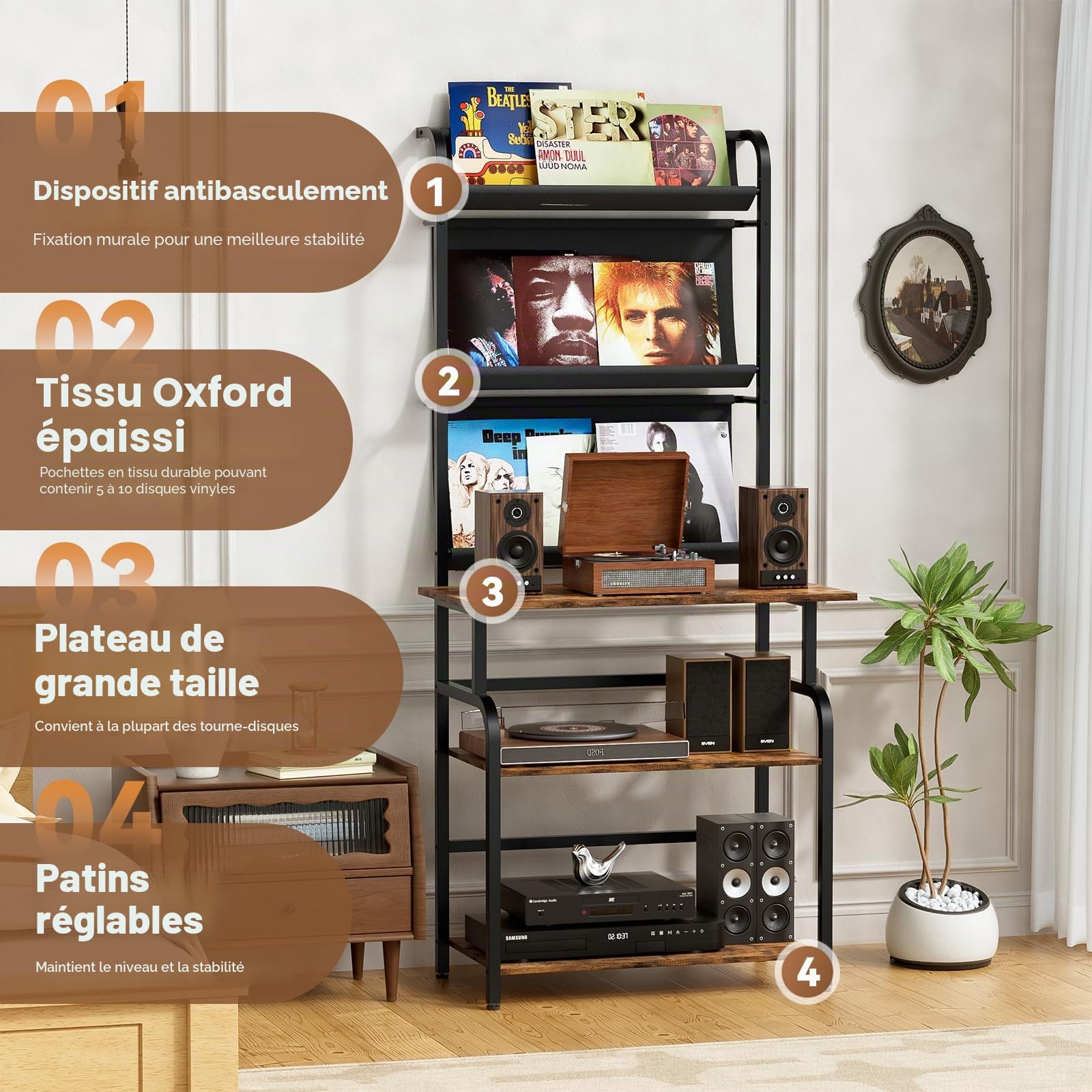 6 étages Platine Support Vinyle Rangement,Présentoir pour Disques Vinyles avec 3 étages rangement de disques vinyles,Armoire Table de Tourne,Tourne Disque Vinyle Stockage pour Salon,Studio,78x169x38cm