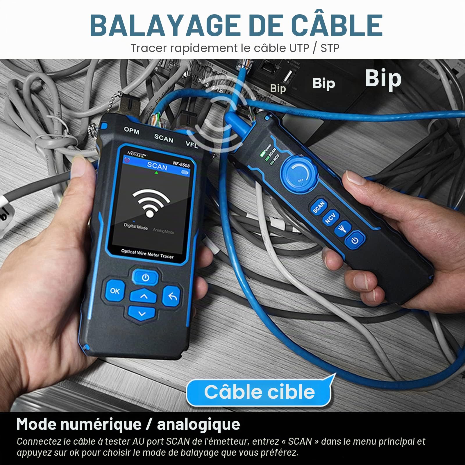 Testeur de câble réseau avec compteur de puissance optique PoE multifonction, traqueur de fils RJ11 RJ45 LAN câble toner Cat5 Cat6 câble Ethernet traceur avec NCV, prise en charge de type C, B