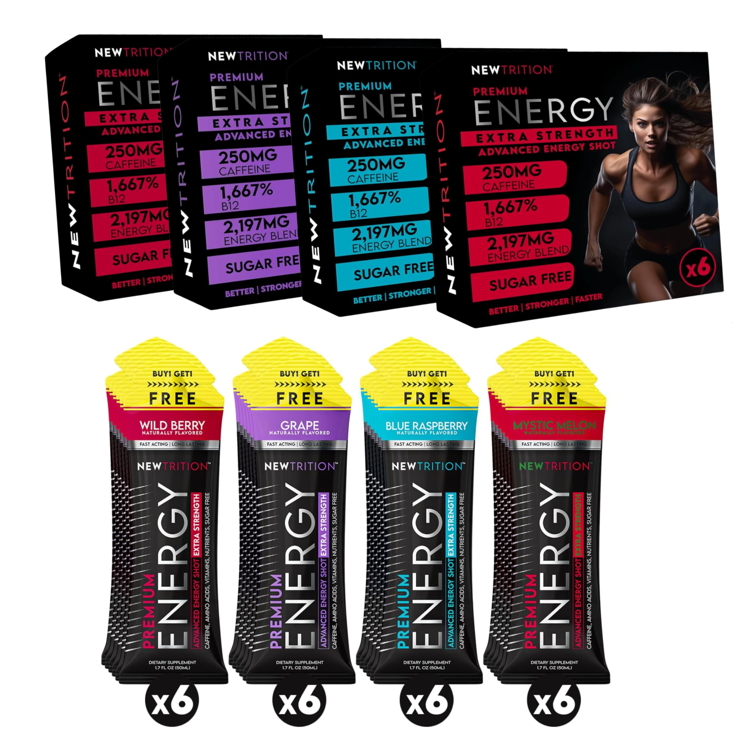 NewTrition® Extra Strength Energy Shots, 250mg Caffeine Energy Shots with Vitamin B & Amino Acids, Sugar-Free Vitamin Energy Shot, 1.7 fl oz (Pack of 24, 4 Flavors - Mixed 1)