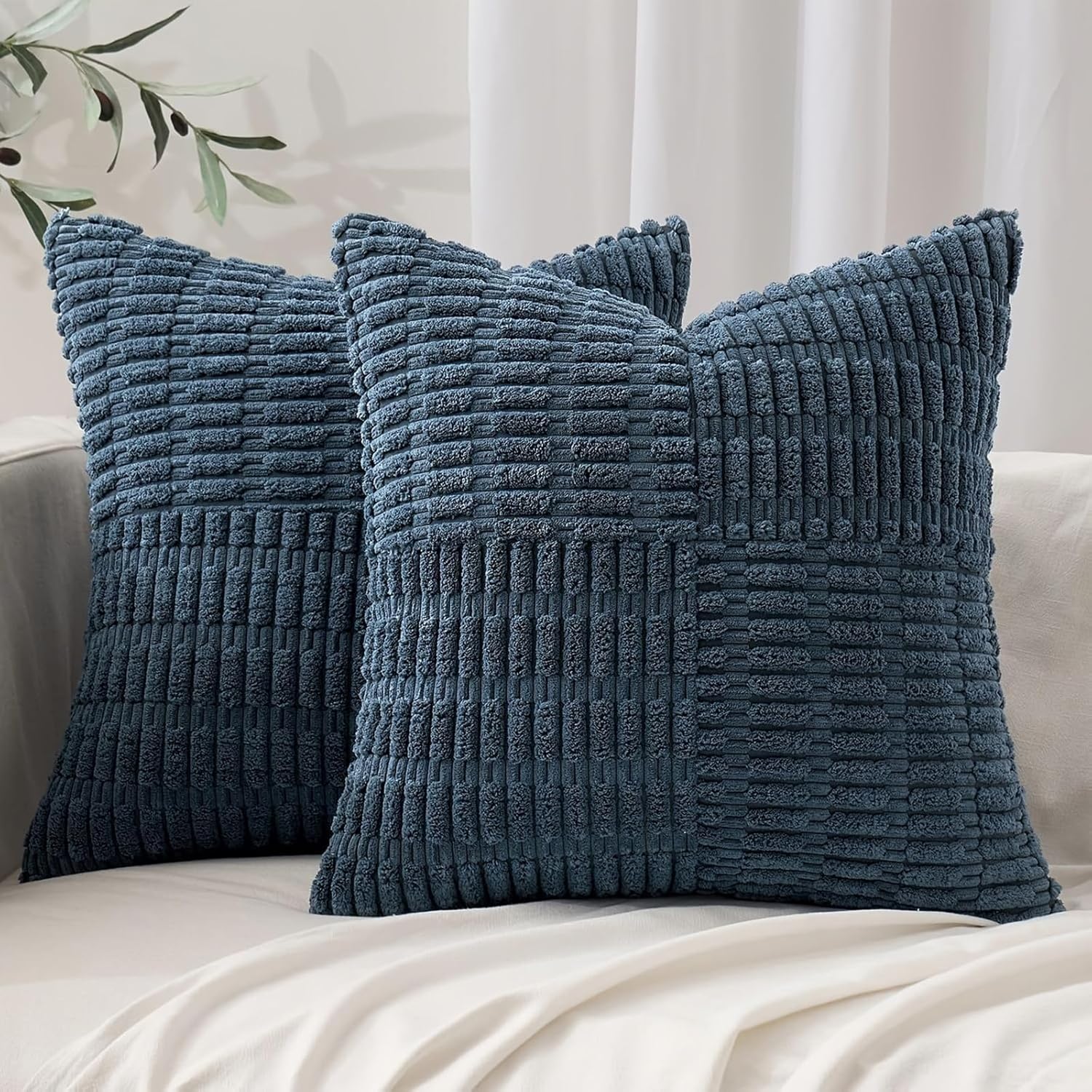 Set of 2 Navy Blue Chenille Throw Pillow Covers 18x18 Inch, Soft Textured Striped Decorative Cushion Covers, Modern Boho Pillow Cases for Couch Sofa Bed Living Room Neutral Home Decor