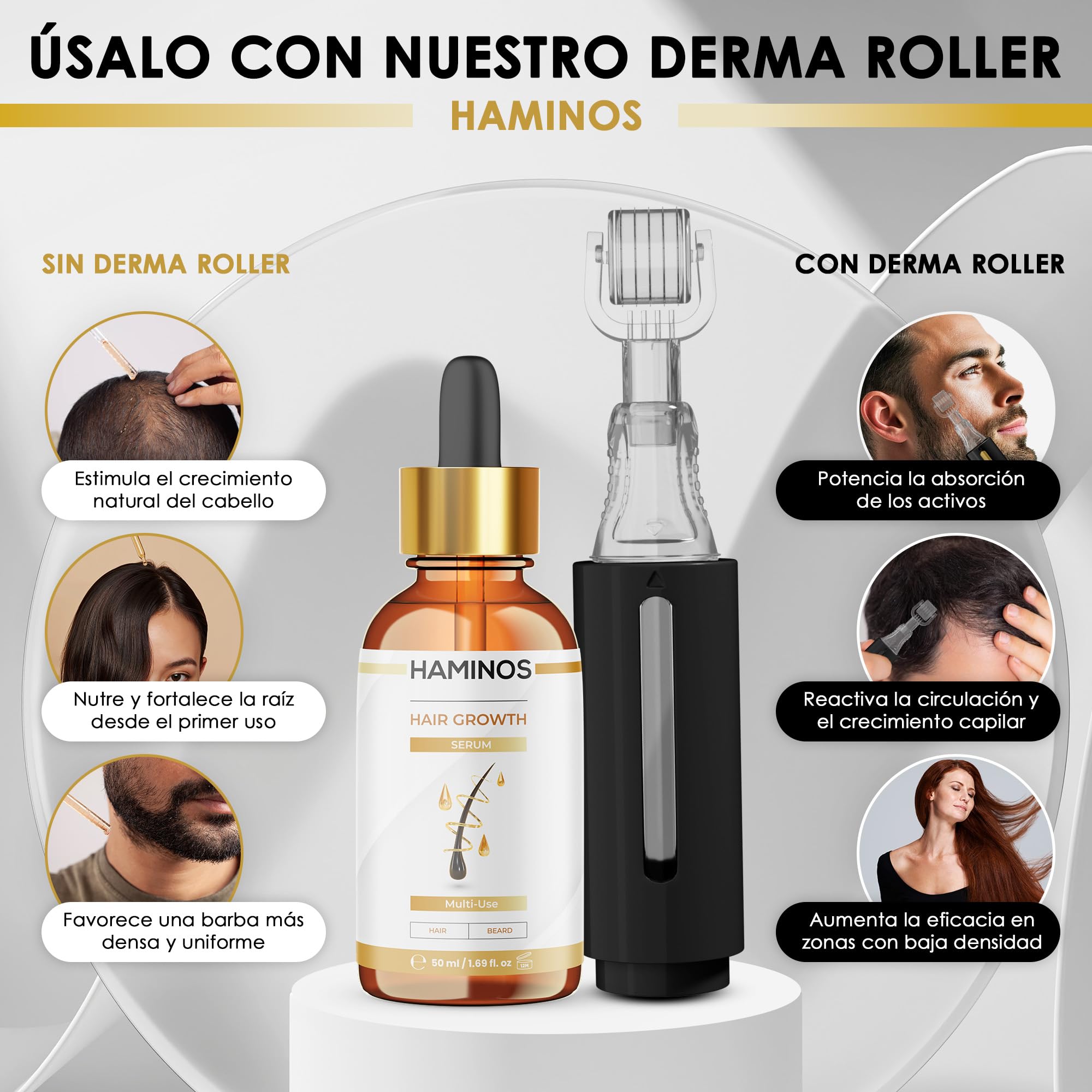 HAMINOS Sérum Crecimiento Capilar con Romero, Jengibre, Ginseng y Péptidos – Fortalece y Estimula el Cabello – Anticaída, Hidratante y Revitalizante - FÓRMULA ÚNICA (50 ml)