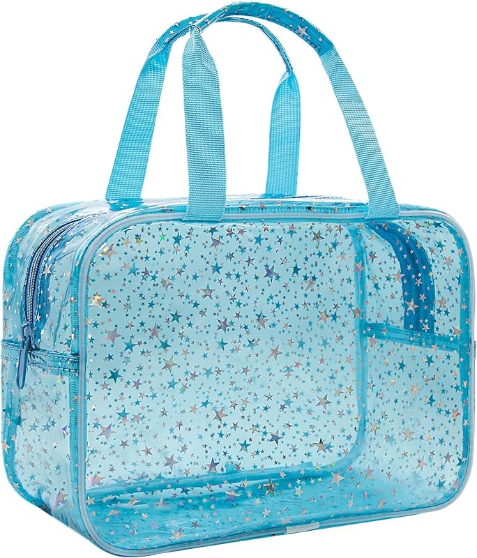 Necessaire de maquiagem transparente azul Junesters com estampa de estrela, zíper e alça, 30,48 x 12,7 x 20,32 cm