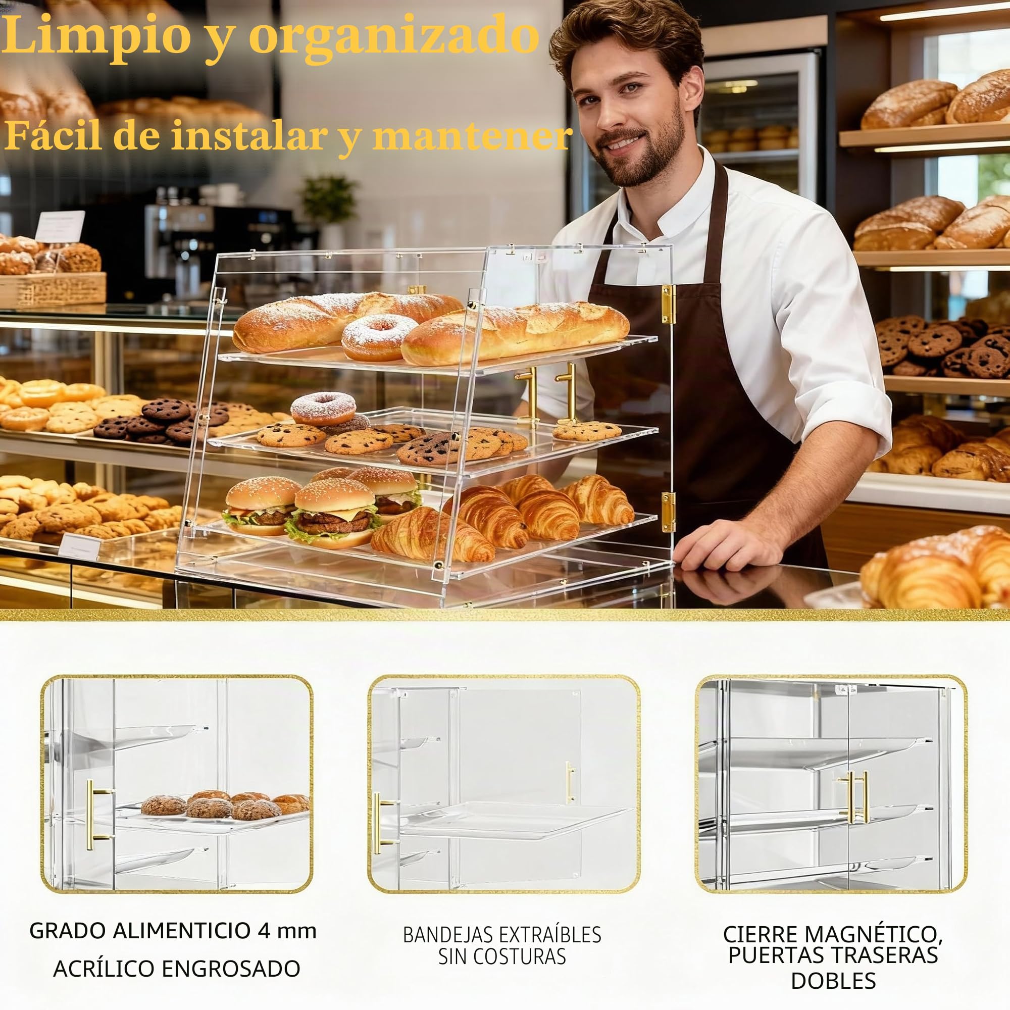 Vitrina de exhibición de panadería Acryvic de 3 bandejas, vitrina comercial de pastelería con puertas magnéticas, gabinete de exhibición de pasteles y alimentos de 53 x 43 x 42 cm para venta al por