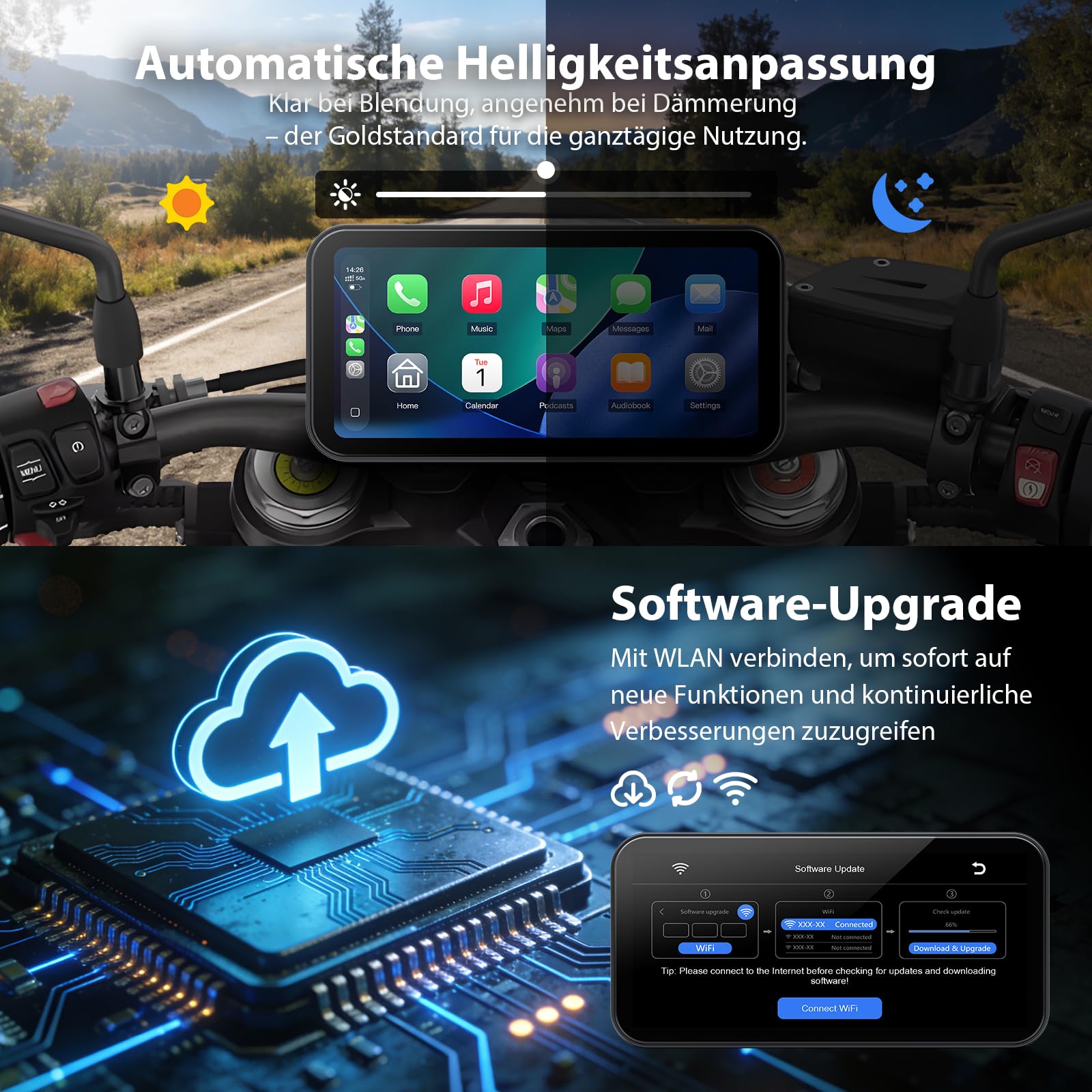 A622 Motorrad CarPlay 6.25 Zoll-Touchscreen-Display, kabelloses CarPlay und Android Auto, IP67 wasserdicht, Reifendruckkontrollsystem (TPMS), Dual-Bluetooth, GPS, USB/Acc-Stromversorgung