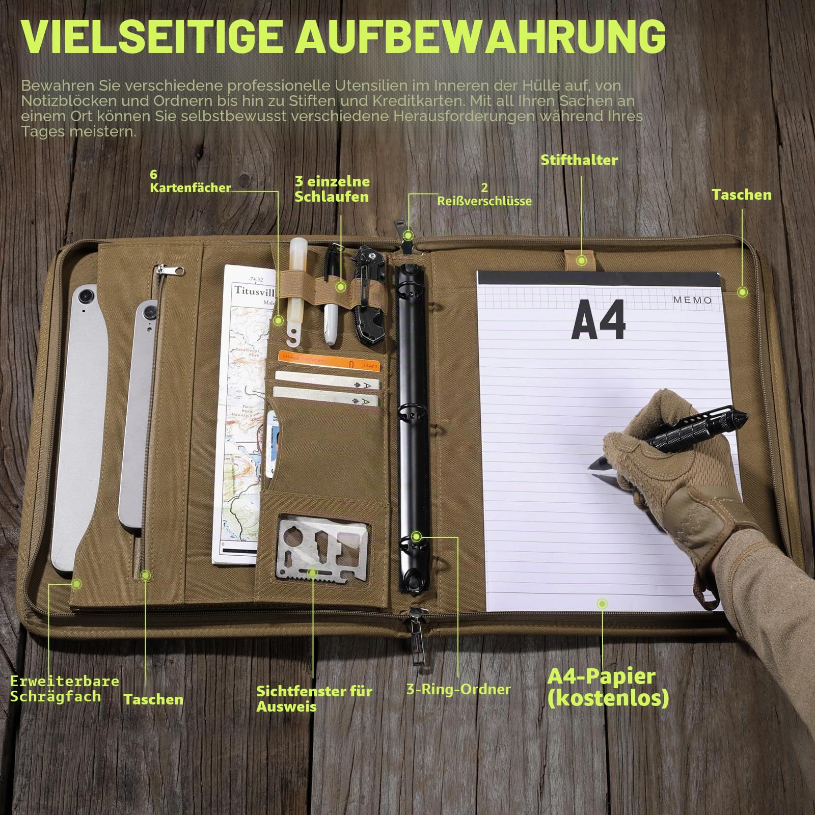 LIVANS Taktisches Notizbuch, Portfolio, Padfolio, Ringbuch mit Reißverschluss, Armee-Militär-Notizbuch, Planer enthält 25 Blatt A4-Briefpapier und abnehmbare 3-Ringe, Multi-Storage-Grifftasche für