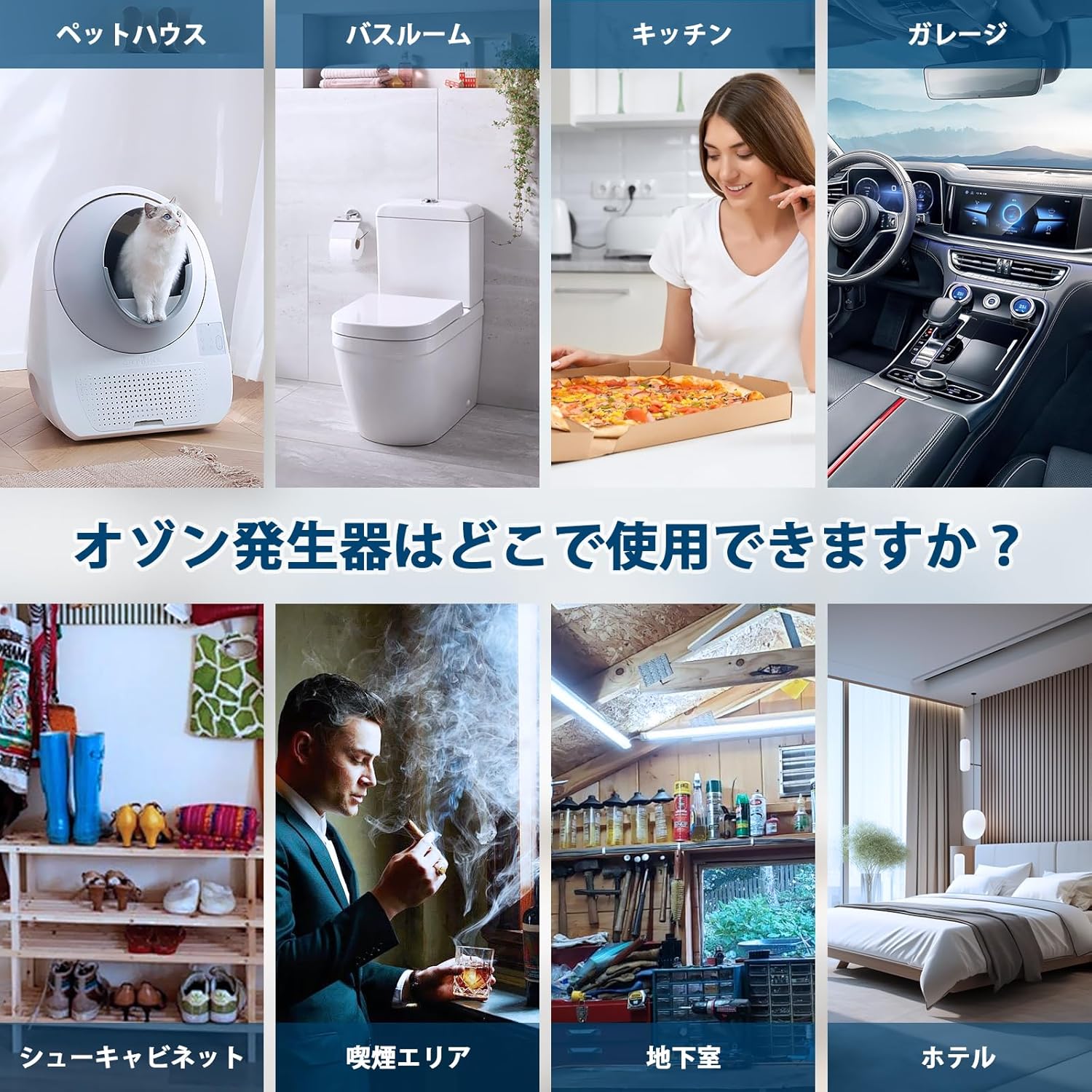 Collage of images showing the ICARE Ozone Generator being used in various locations: pet house, bathroom, kitchen, car, shoe cabinet, smoking area, basement, and hotel room.