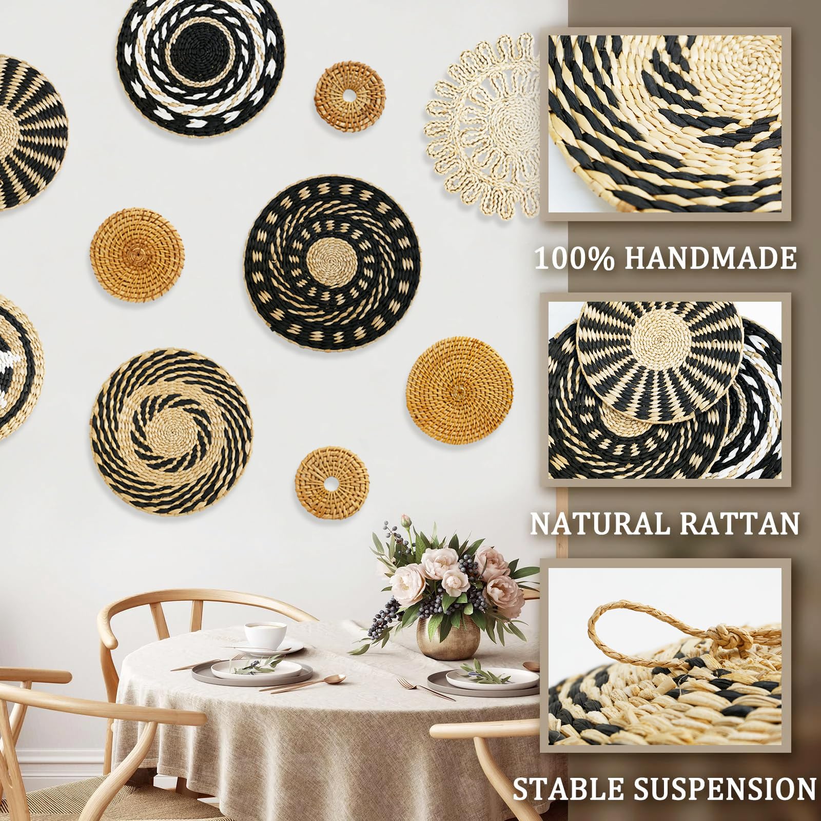 Cestini da Parete 10 Pezzi, Decorazioni per Cestini da Parete Boho Decorativi da Parete in Stile Bohémien Cesti da Parete Intrecciati Decorazioni Da Parete In Rattan Decorazioni Da Casa Parete