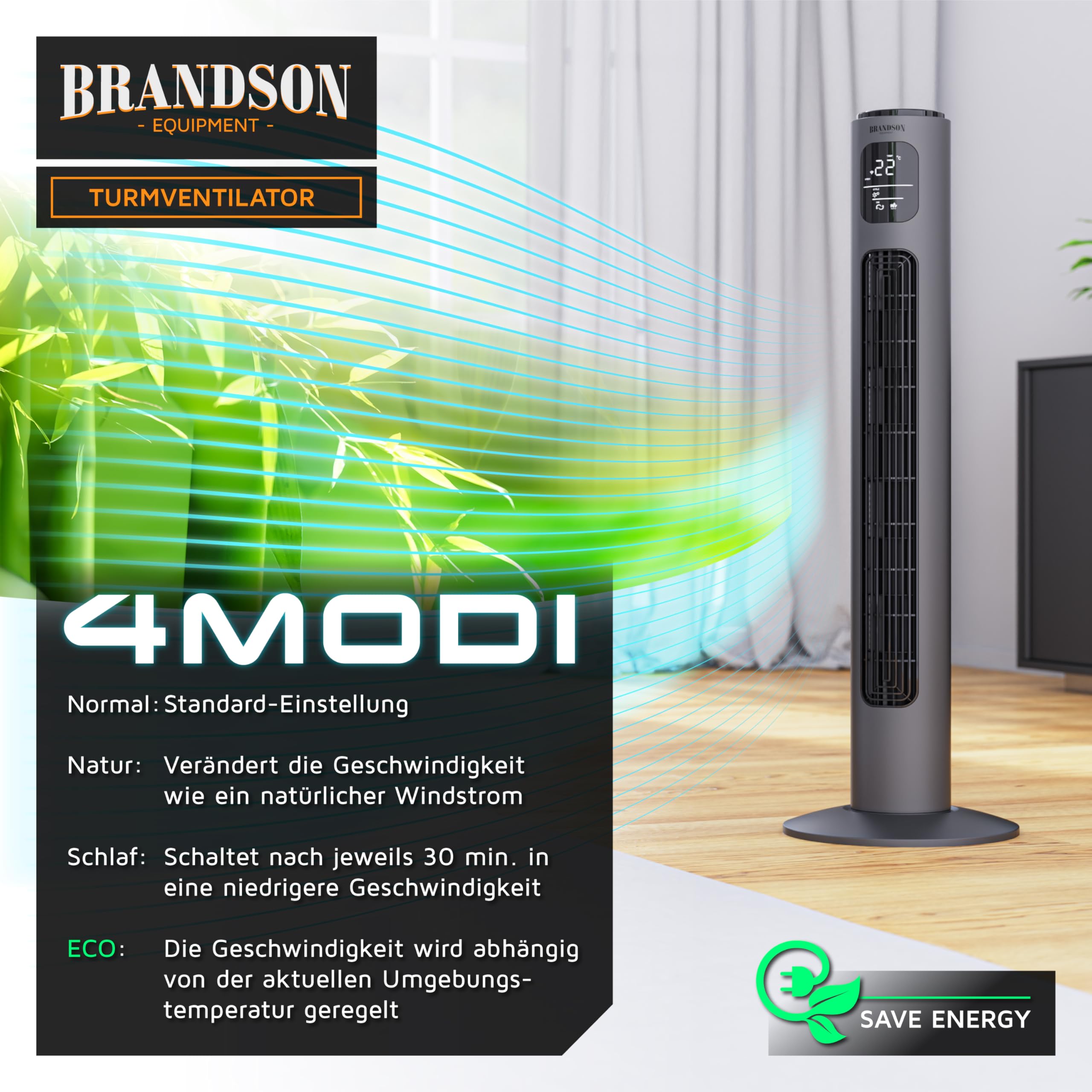 Brandson - Turmventilator ECO mit DC Motor - sehr leise – Wlan Smart Home mit App/WiFi Alexa Sprachsteuerung - mit Fernsteuerung – Sieger Ventilatoren und Luftkühler 2026 - Anthrazit