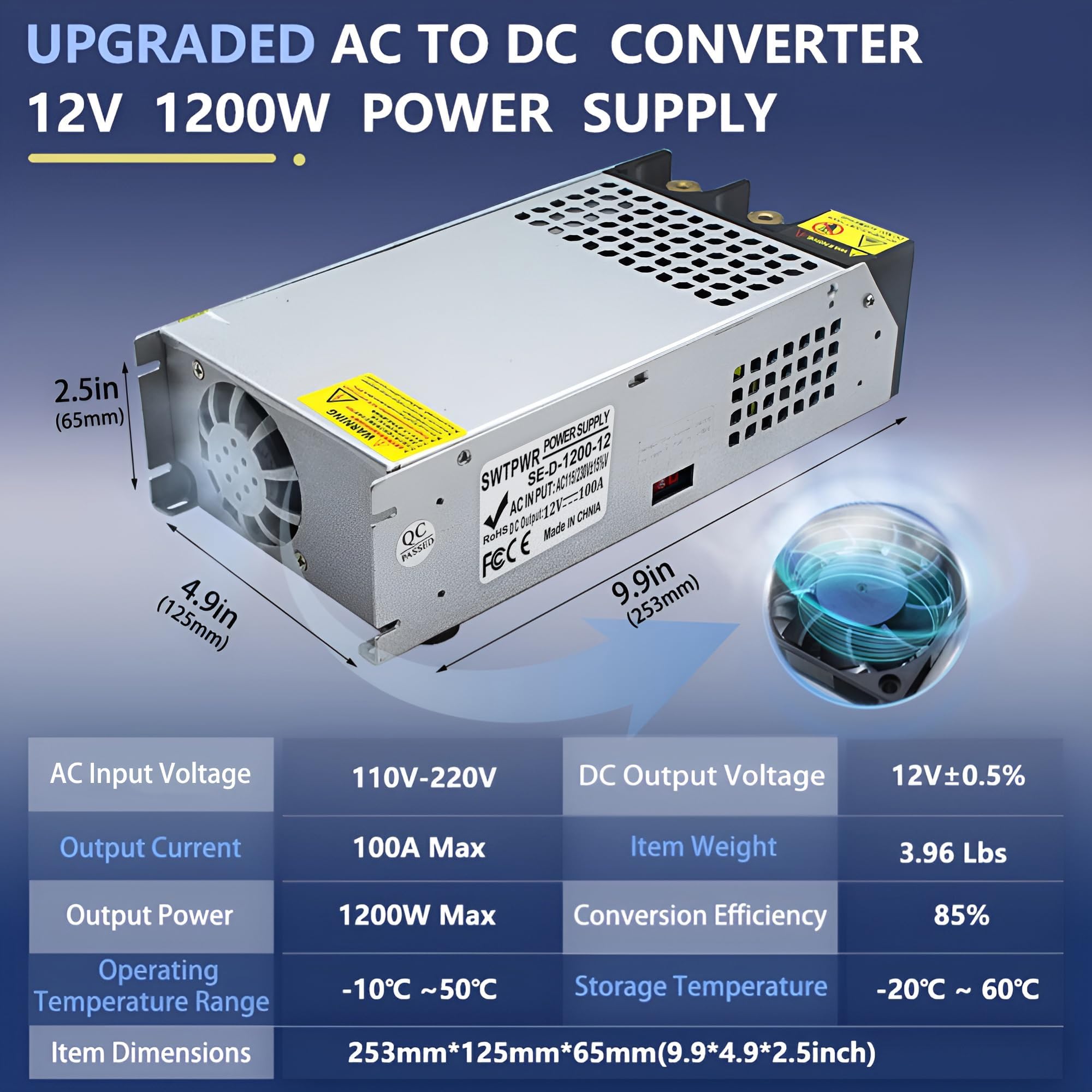 DC 12V 100A 1200W Alimentatore Trasformatore 230V AC a DC 12 Volt Interruttore per Pompa LED CCTV Sicurezza Auto Stereo Stampante 3D e altri 12V Dispositivi