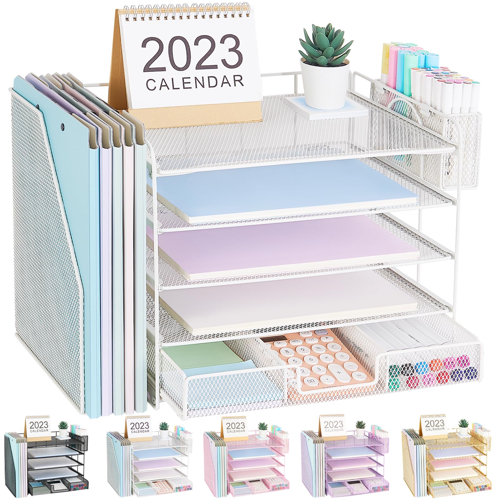 Gugsey Desk Organizer with File Holder, 5-tier Paper Letter Tray File Organizer with Drawer and Pen Holder, Desk Organization Office Desk Accessories for School Office Supplies Storage(White)