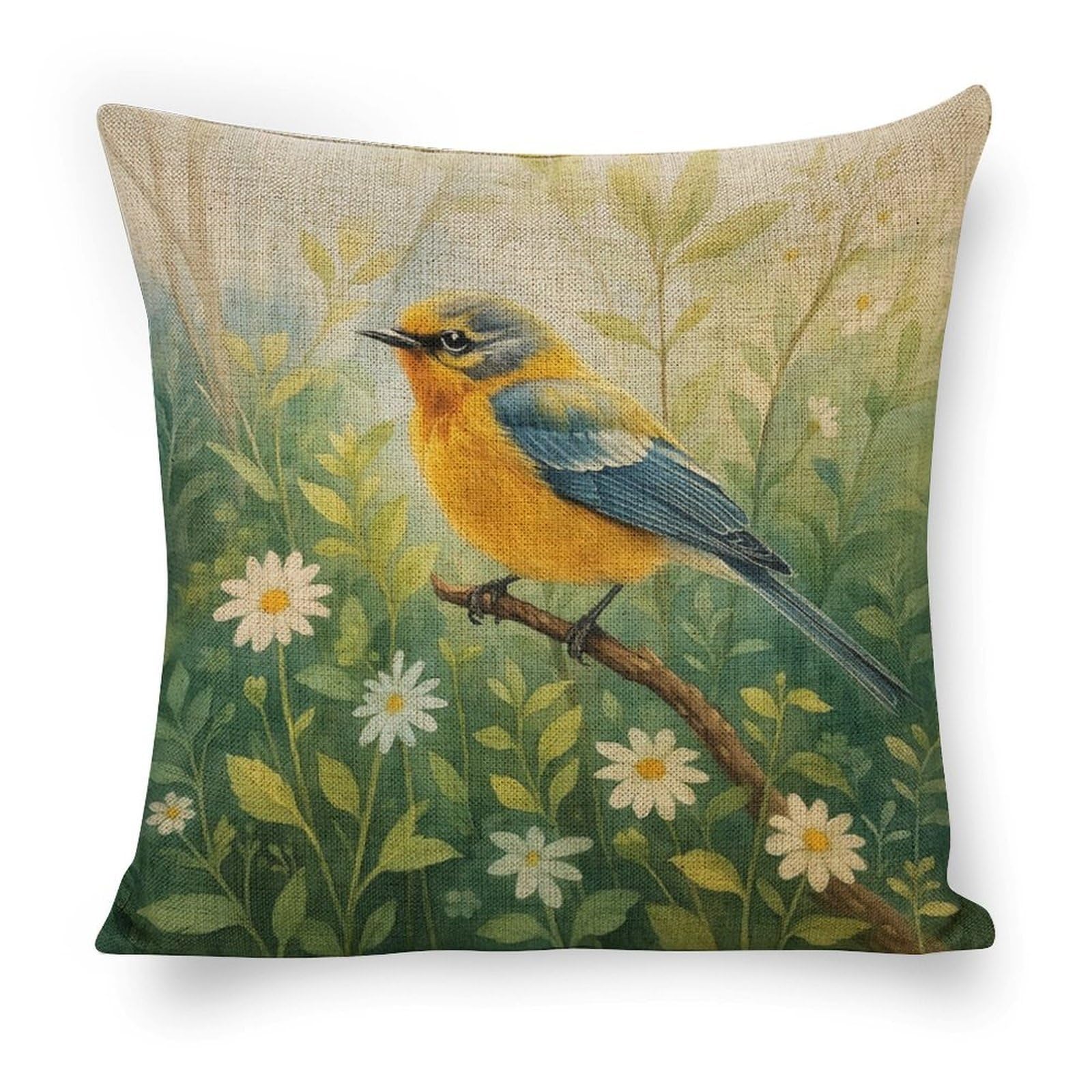 mydtiz Throw Pillow Cover 18 x 18 Colorful Farmhouse Watercolor Bird Couch Sofa Decorative Pillowcase Cushion Cover Square Linen Pillow Case for Bed