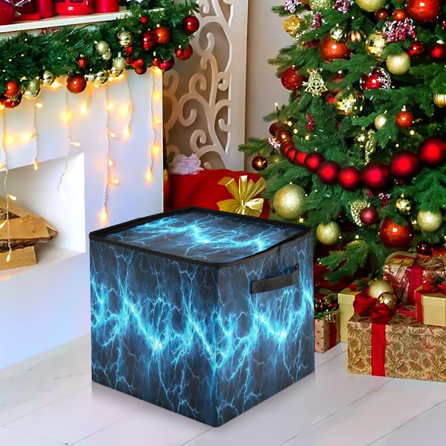 Blue Lightning Bolt 13 Inch Christmas Ornament Storage Box with Lid - Holiday Decor Storage Containers, Stores 64 Ornaments, 3 Inch Cube Compartments