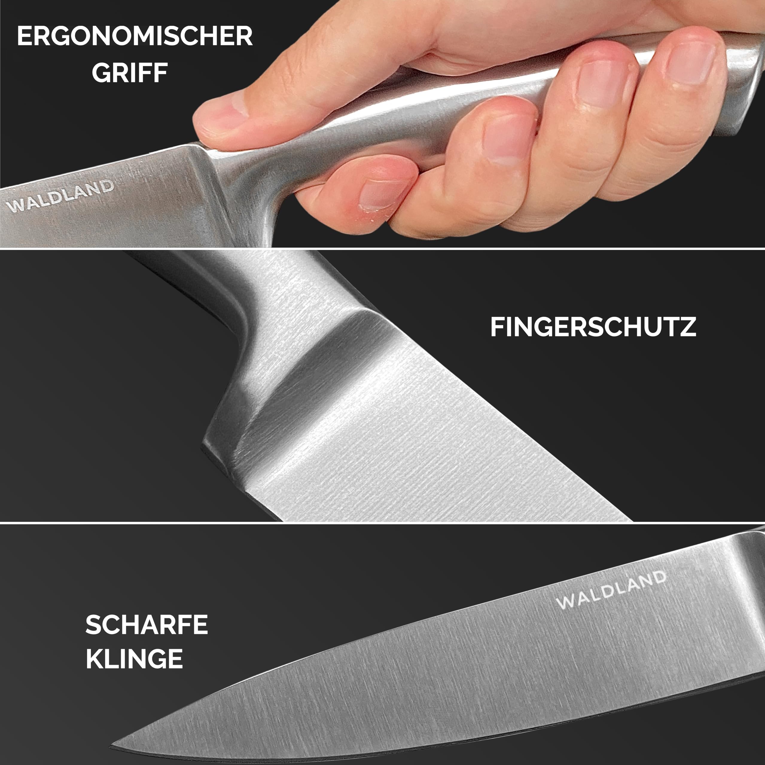 WALDLAND Premium Messerblock mit Messer – 7 teiliges Messerset I Messerblock mit Küchenmesser Set und integriertem Messerschärfer I robustes Akazienholz I Messer Set I Knife Set (Akazienholz)