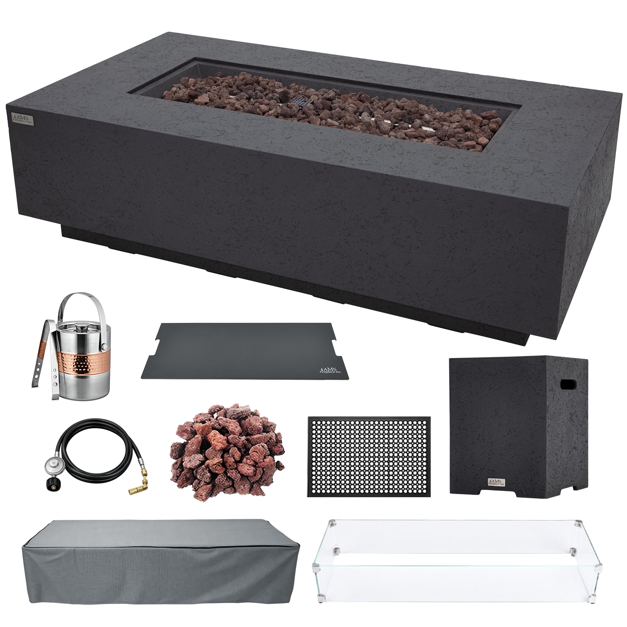 AMS 60" Rectangular Concrete Propane Gas Fire Pit Table Bundle (Dark Gray)