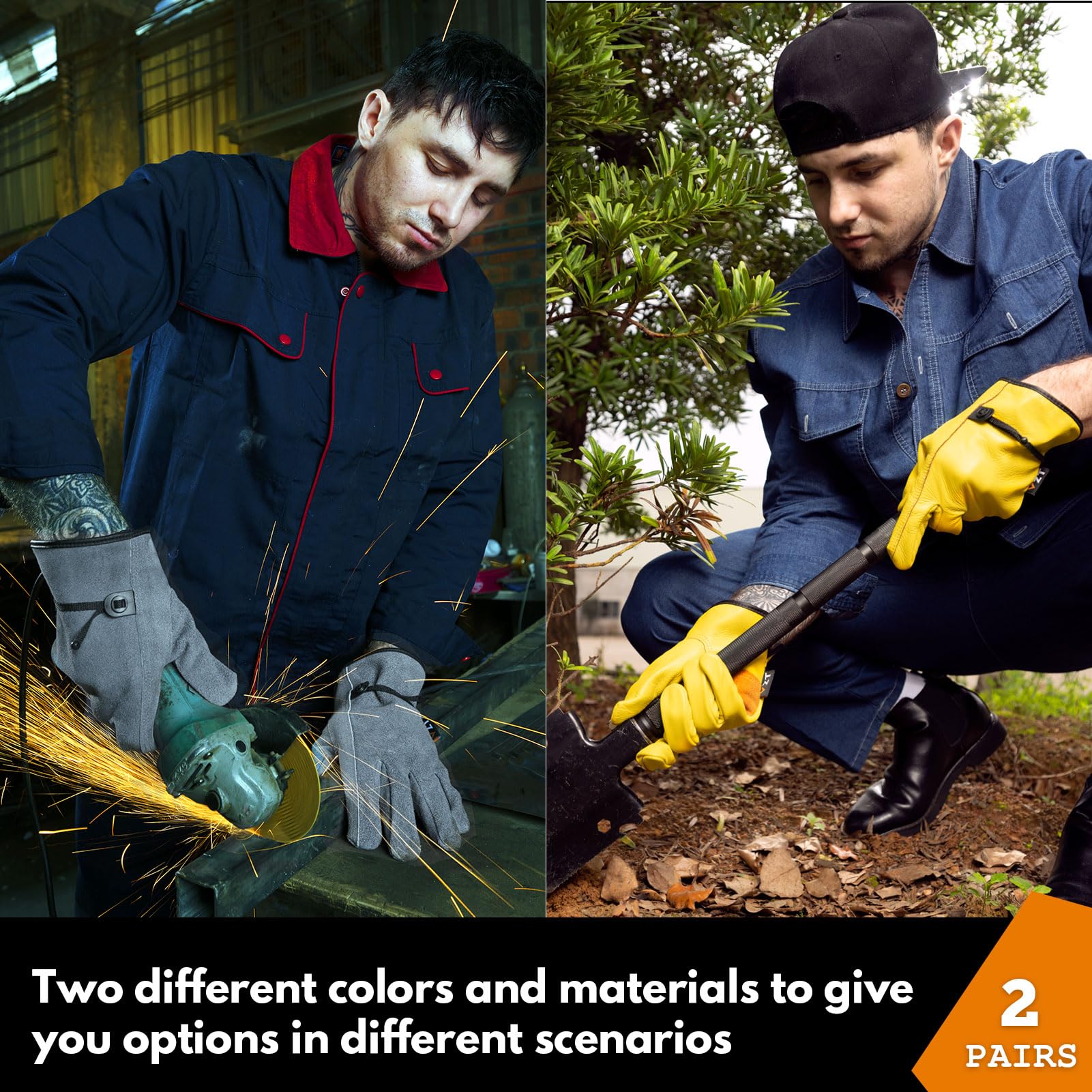 2 pares de guantes de trabajo de cuero para hombres o mujeres, para jardinería, construcción, trabajo de madera. Resistentes, conductor, motocicleta, cuero vacuno, gruesos, suaves y flexibles