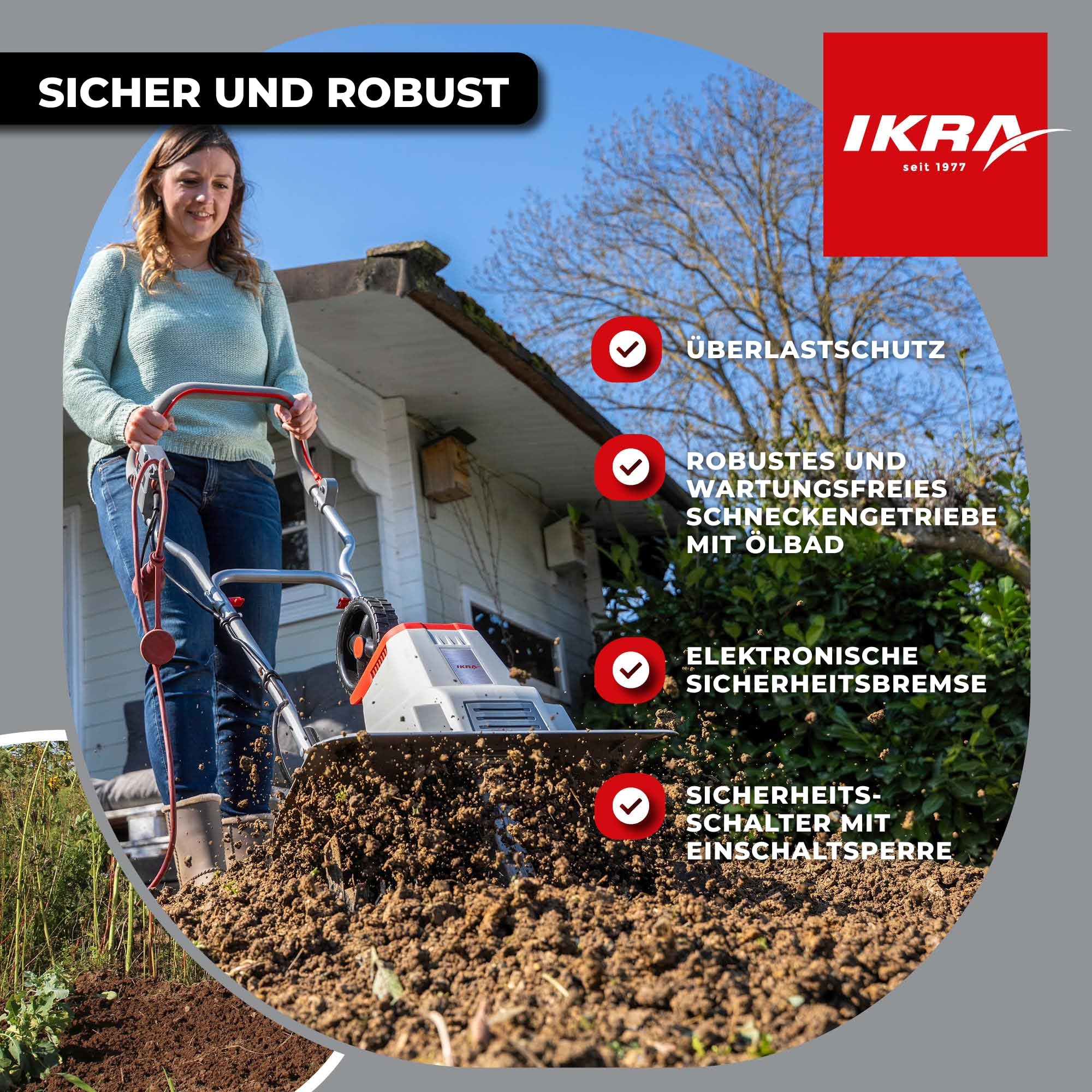 IKRA Elektro Bodenhacke IEM 1500, 2 Breiten 32 & 45cm, inkl. Häufelpflug | Boden lockern und Saatbett vorbereiten, 1500W, Arbeitstiefe 20cm, Bremssporn, Transportrad, zusammenklappbar, Überlastschutz