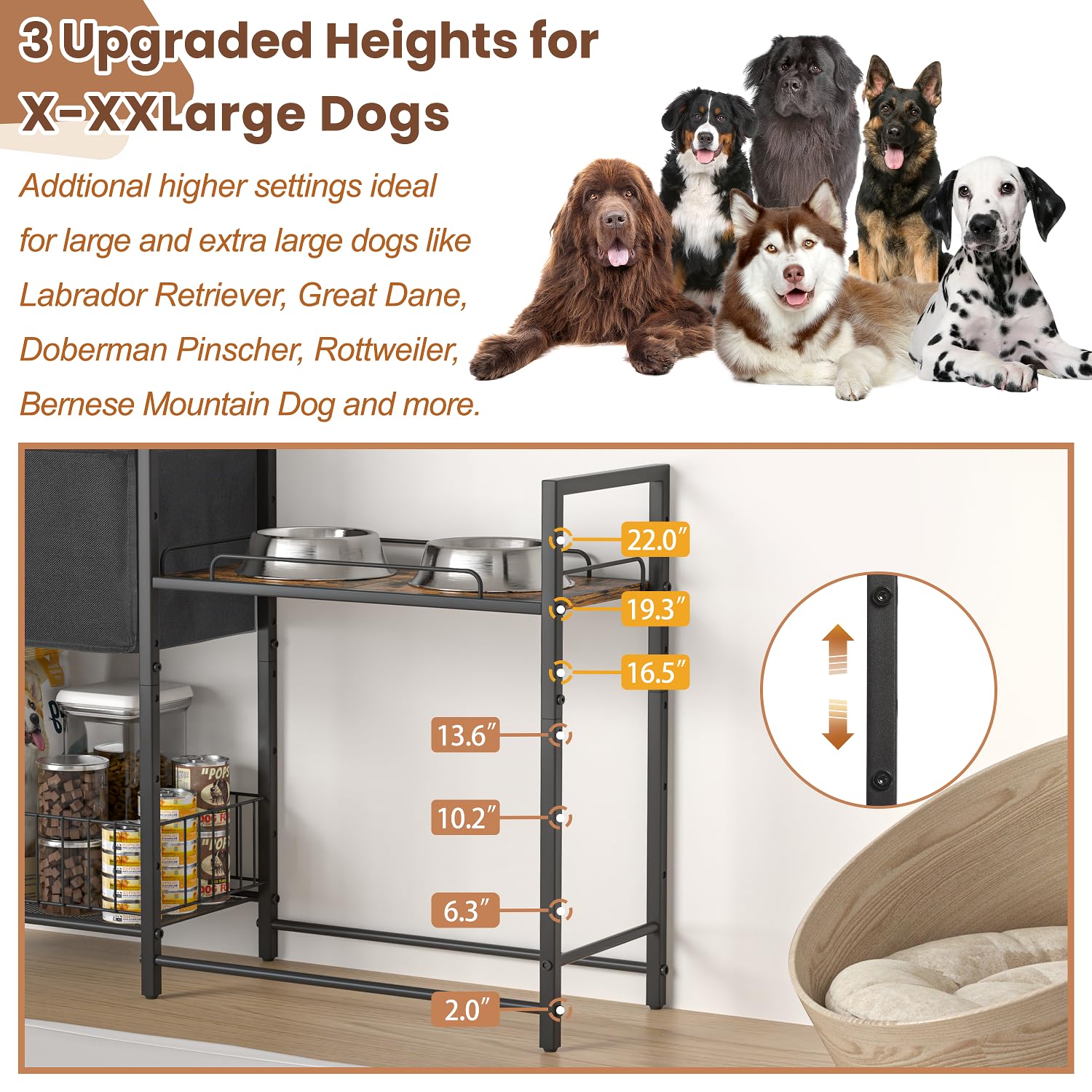 Lomivra Cuencos elevados para perros, soporte elevado para cuencos para perros con cesta de juguetes para perros, estación de alimentación para alimentos y agua, armario elevado para cuencos para
