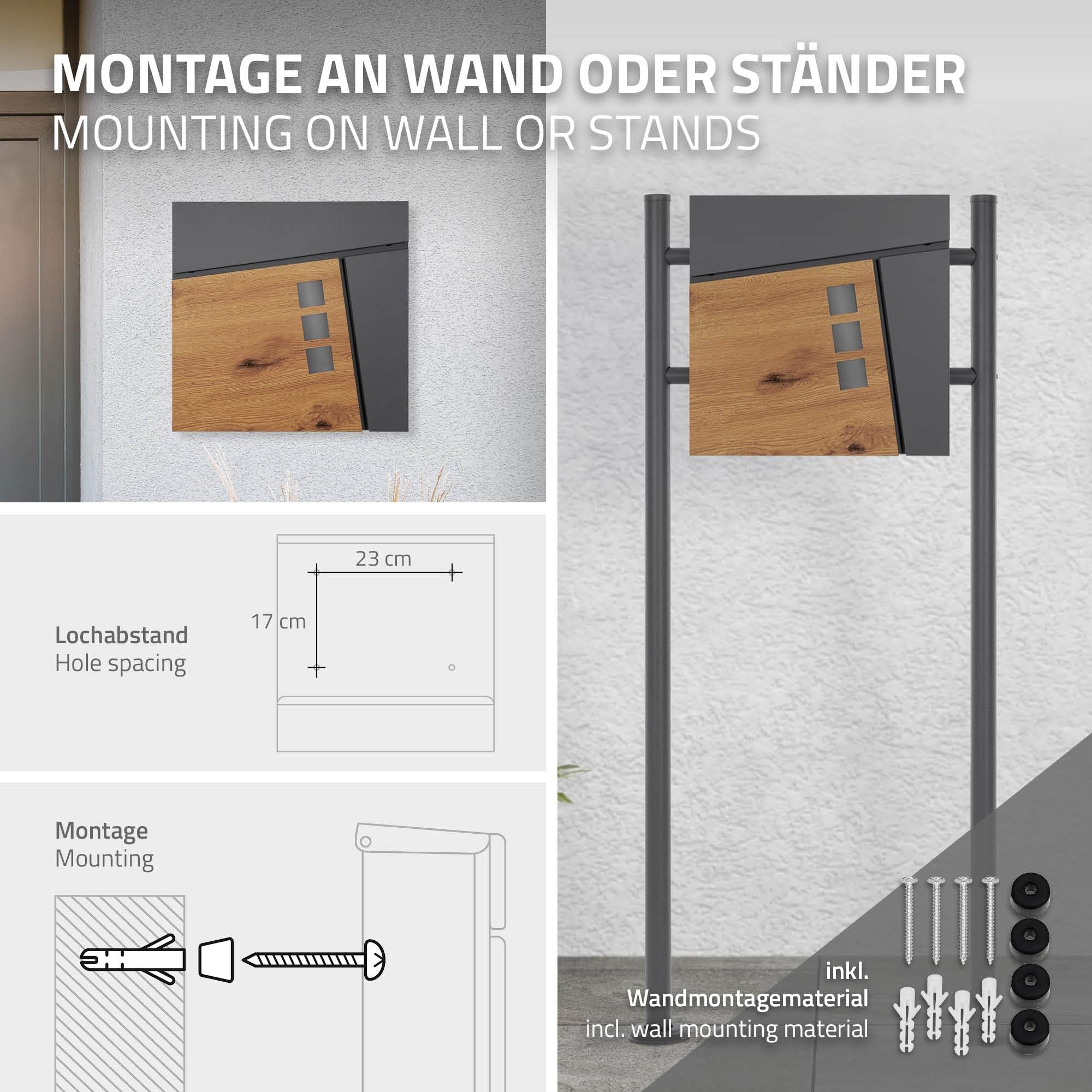 ML-Design Buzón De Correo con Compartimento para El Periódico 37x36,5x11 cm Acero Antracita Aspecto De Madera con 3 Ventanillas 2 Llaves Solapa De Cierre Total Diseño Moderno Montado En La Pared