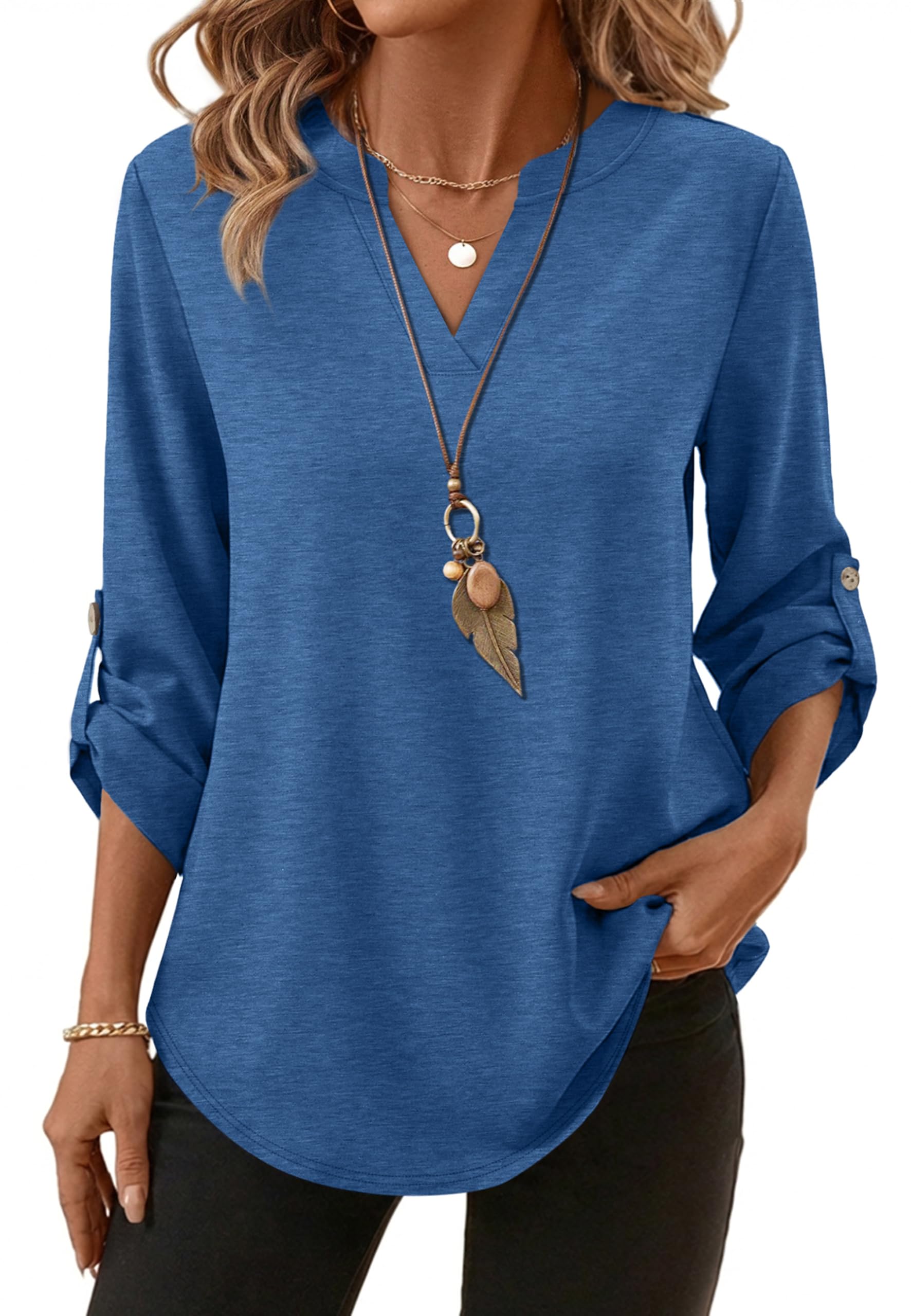 XIEERDUO 3/4 Length Sleeve Womens Tops V Neck T Shirts Both Side Buttons Blouses Business Casual Outfits Loose Fit