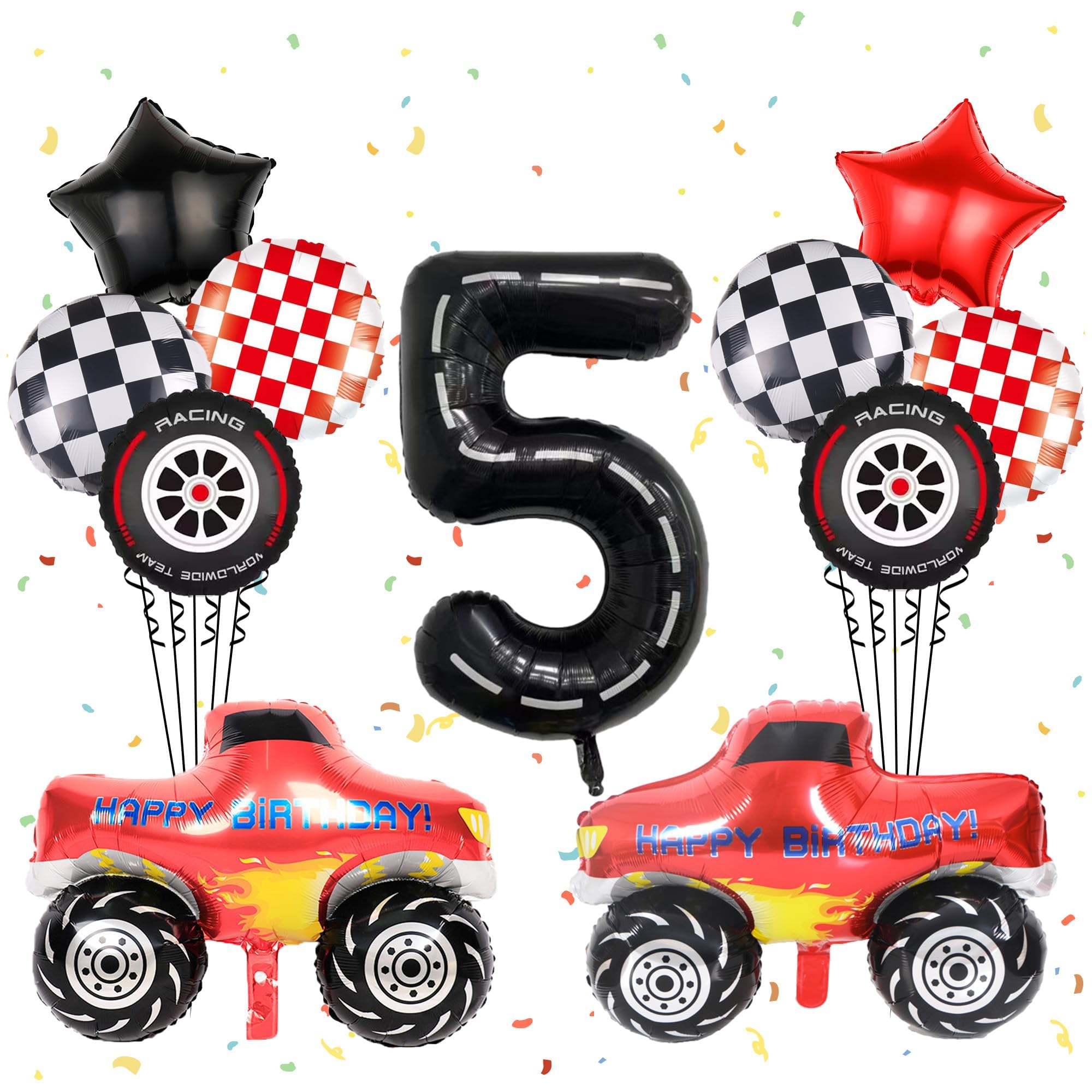 TERRIFI Racing Car Balloons for 5th Birthday - Includes Number 5, Checkered, Star, and Race Truck Foil Balloons - Ideal for Boys' Race Car Theme Birthday Party
