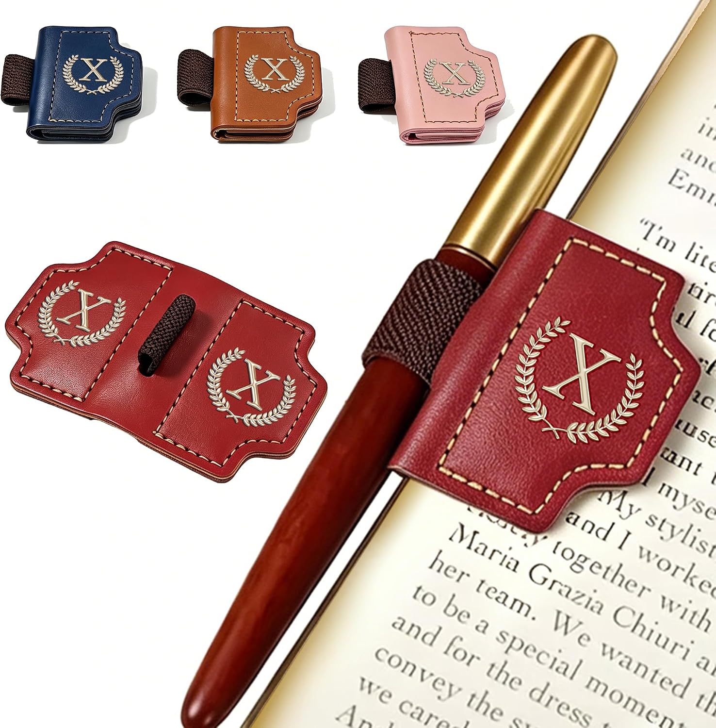 Magnetic Initial Leather Bookmark with Pen Holder(Red,X)