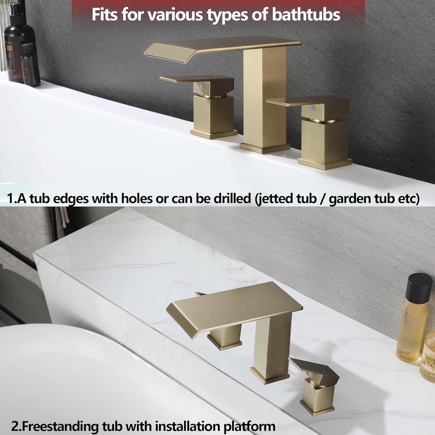 Roman Tub Faucet Two Handle Waterfall Spout Brushed Gold 3 Hole Bathtub Faucet High Flow