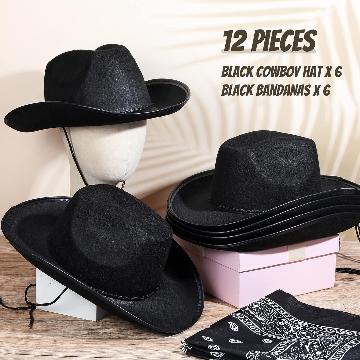 6 Sets Adult Cowboy Hat for Women and Men Western Cowgirl Hats with Adjustable Drawstring and Cowboy Party Paisley Bandana - Image 2