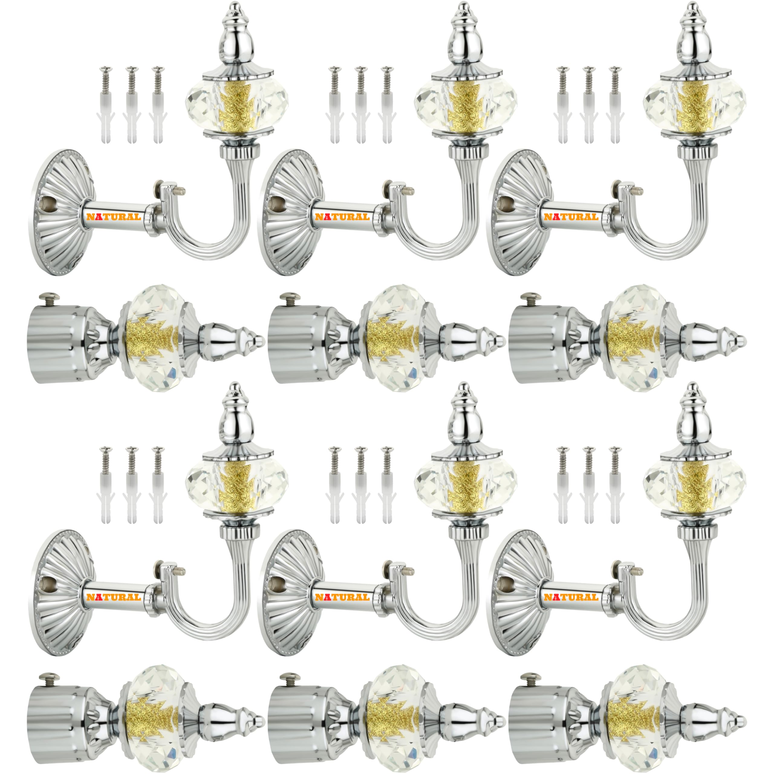 Heavy Duty Aluminum Royal Luxury Design Curtain Bracket/Finial and Curtain Support with Screw/Wallplug for Window & Door Curtain Fittings Suitable Upto 1 Inch Pipe. (6 Set, Chrome)