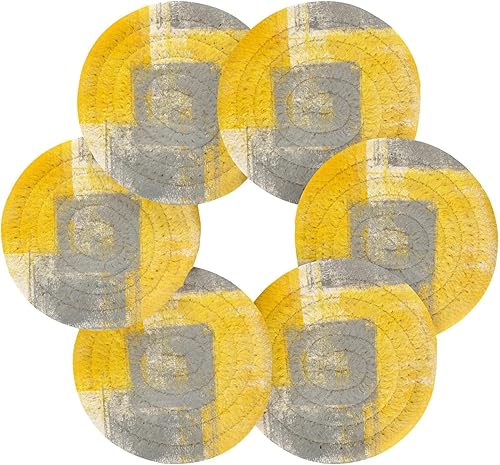 Miniatura 2 de Coasters Absorbent and Holder Set of 6 Drink Coasters for Tabletop Cotton Coasters Posavasos para Mesa Abstract Grey Yellow