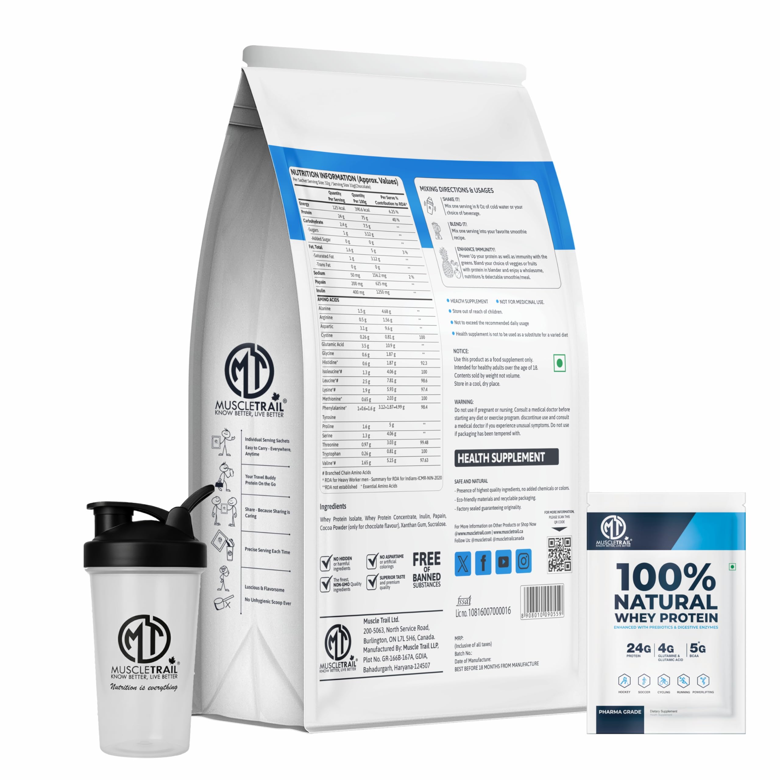 MuscleTrail Pharma Grade 100% Natural Whey Protein Powder | 24g Protein, 4g Glutamine, 5g BCAA | Isolate Source, Low Carb | Muscle Gain & Recovery Supplement | 50 Sachets + Premium Shaker Bottle (Vanilla) — Amazon image 2