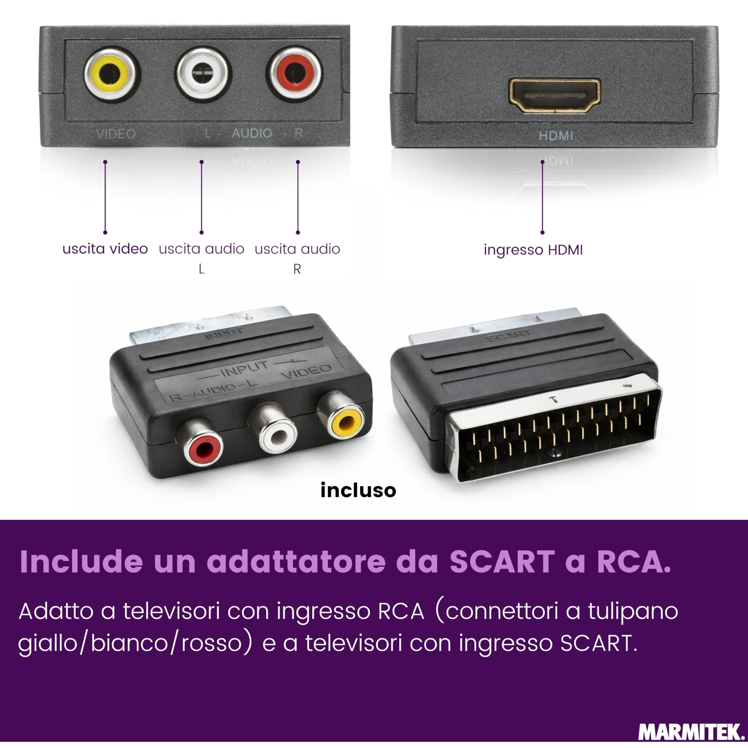 Marmitek Connect HA13 - Adattatore HDMI a SCART RCA composito 1080p | Convertitore video per vecchia TV, HDMI a SCART/RCA, 720p/1080p, PAL/NTSC, audio stereo e nessun software