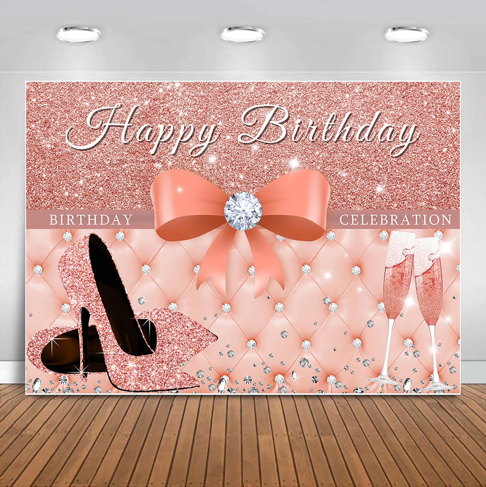 Sensfun Rose Gold Happy Birthday Backdrop Banner Women Birthday Party Decorations Glitters Pink Heels Bowknot Photography Background for Girls Sweet