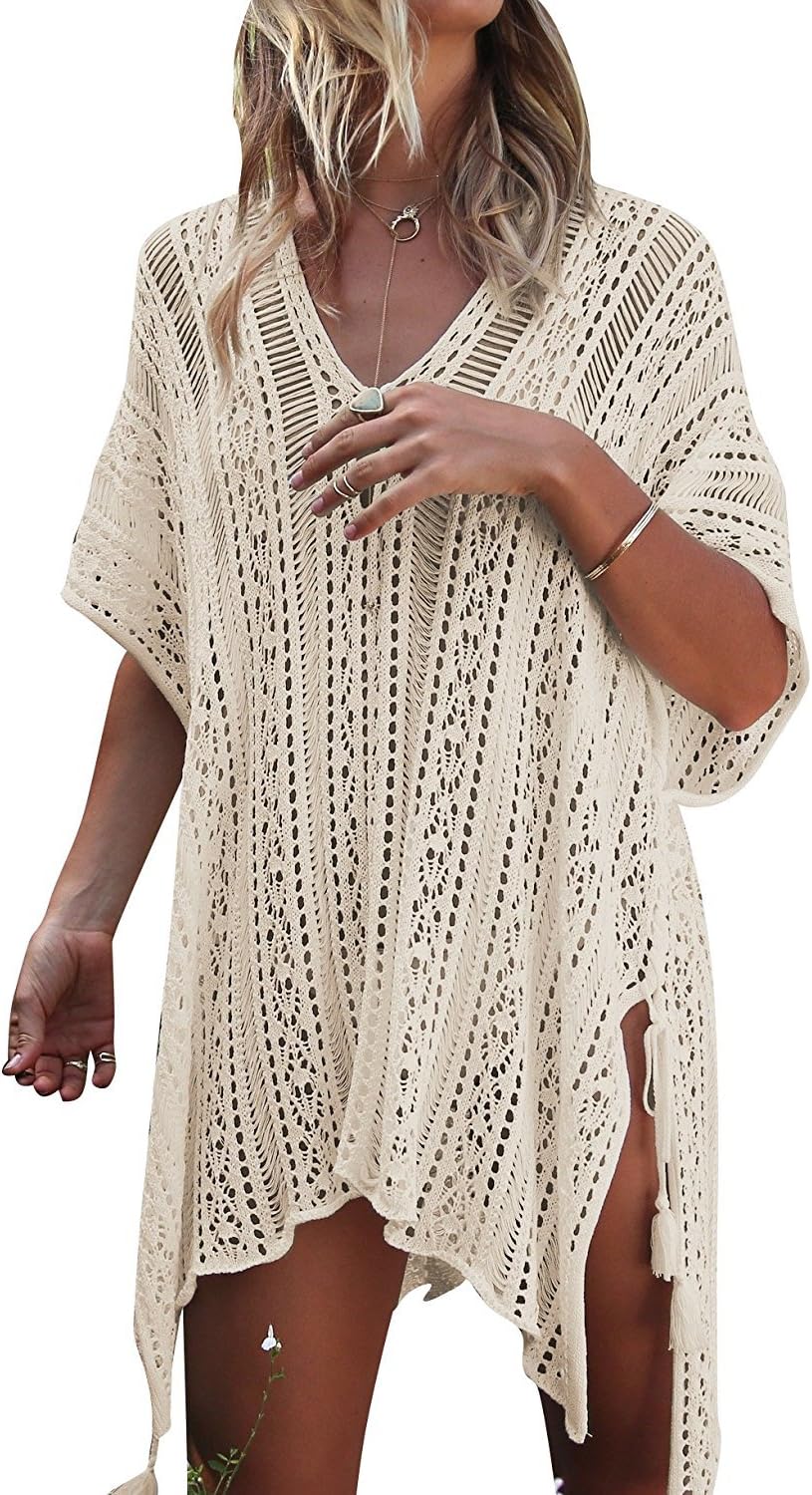 GDKEY Women's Beach Wear Bikini Cover Up Bathing Suit Swimwear Crochet Beach Dress