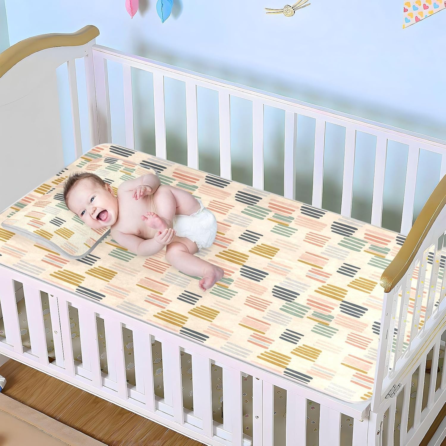 Baby Cooling Mat Abstract Lines Pattern Ice Silk Breathable Mesh Summer Crib Mattress Pad with Pillowcase, Soft Cooling Sleeping Surface for Infant & Toddler, 52"x28"