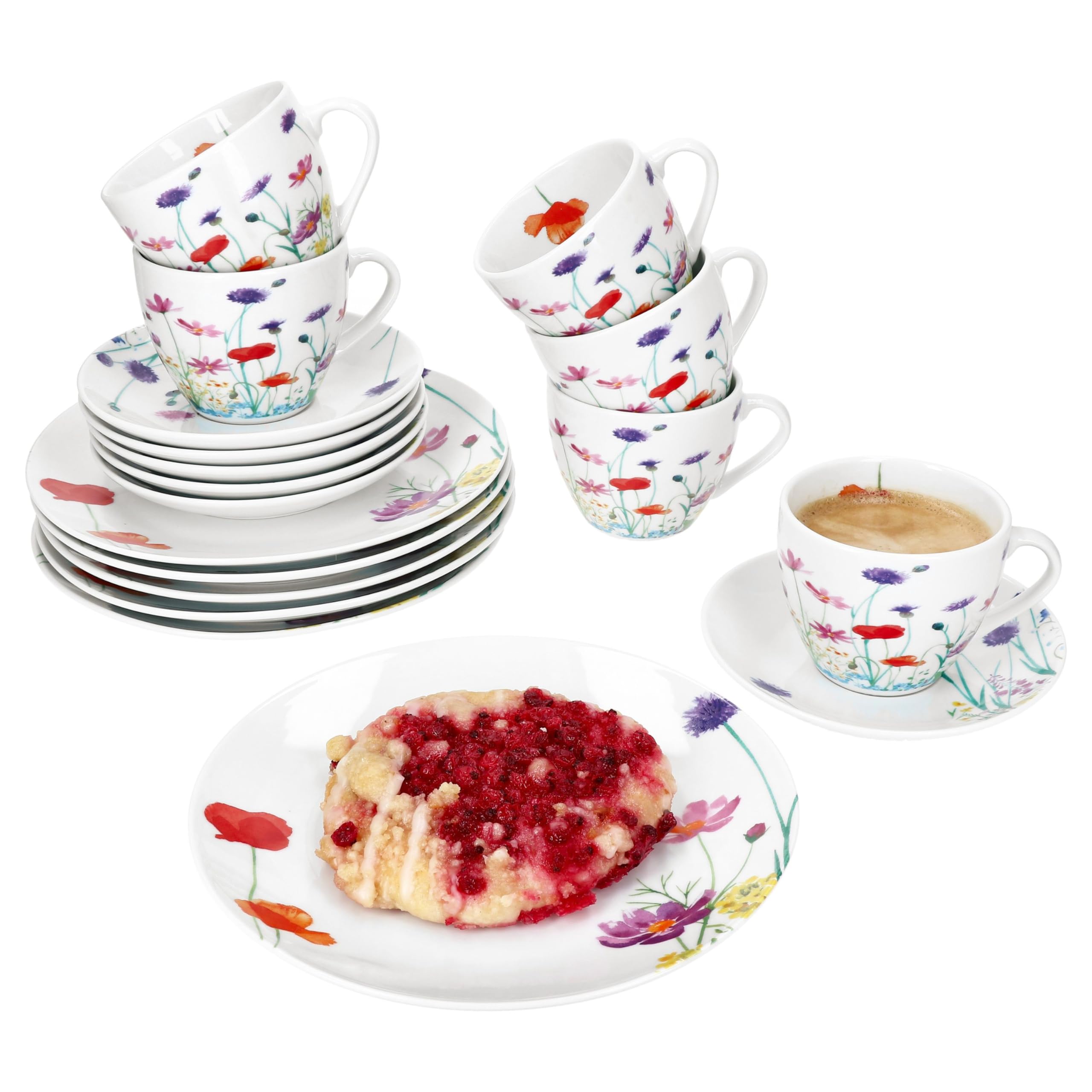 MamboCat Marie 18tlg Kaffeeservice I Porzellan-Geschirr mit Blumenwiese-Dekor für 6 Personen I Je 6x Tassen 190ml, Untertassen & Teller für Frühstück & Kaffee