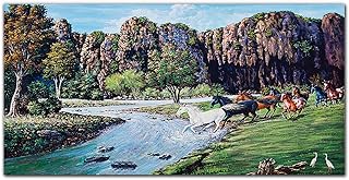 Coloray Dipinto Su Vetro Acrilico 140x70cm Camera Da Letto Pittura Immagine Stampa Decorativo Per Cucina E Soggiorno Quadro Arte - Montagna Albero Cavalli Fiume