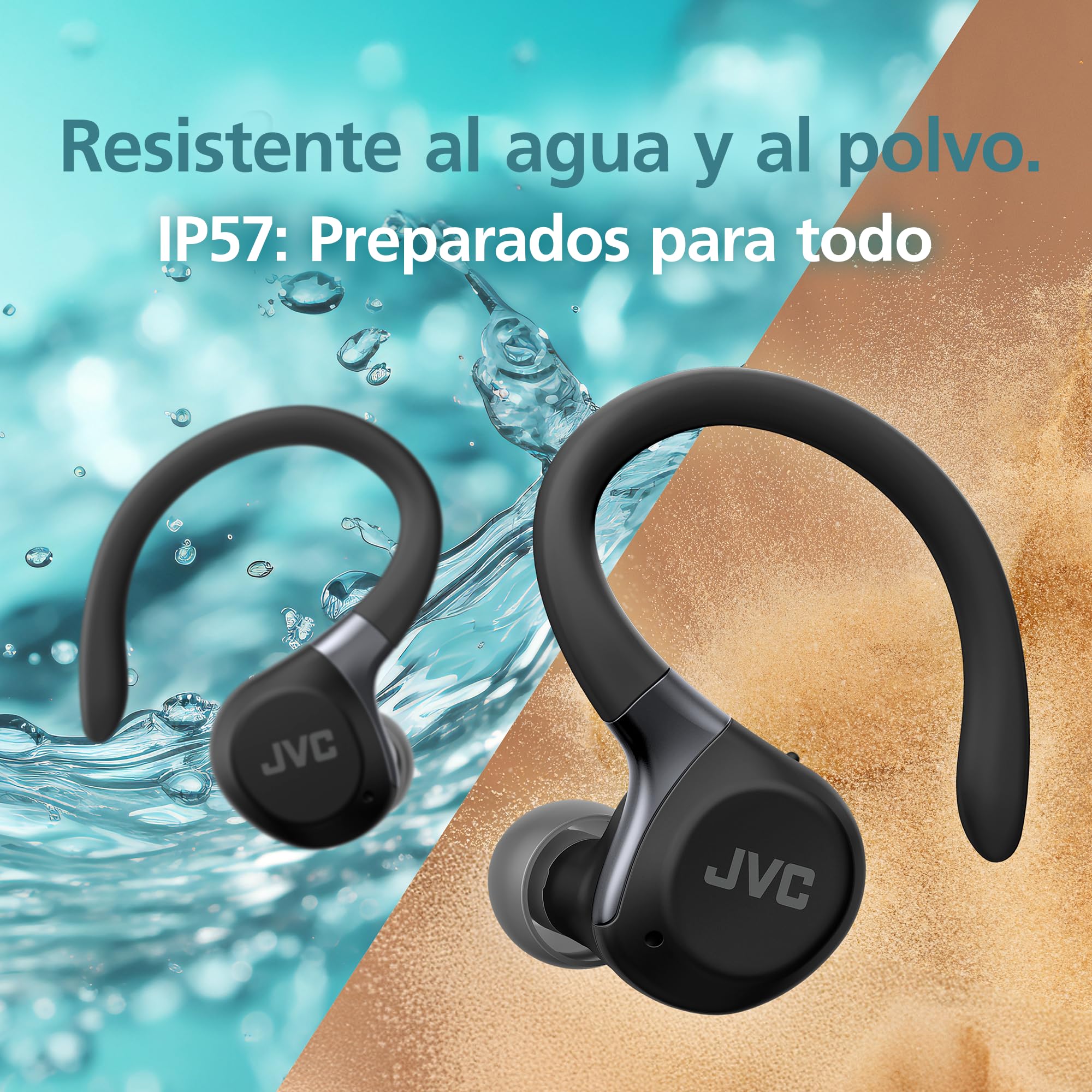 JVC Auriculares Inalámbricos Deportivos HA-EC75T, Ganchos Ajustables, 40h Batería, Cancelación de Ruido + Modo Ambiente, Resistencia IP57, Baja Latencia, Micrófono – Negro | Conciencia del entorno, gancho flexible seguro, sonido claro AAC, control táctil,