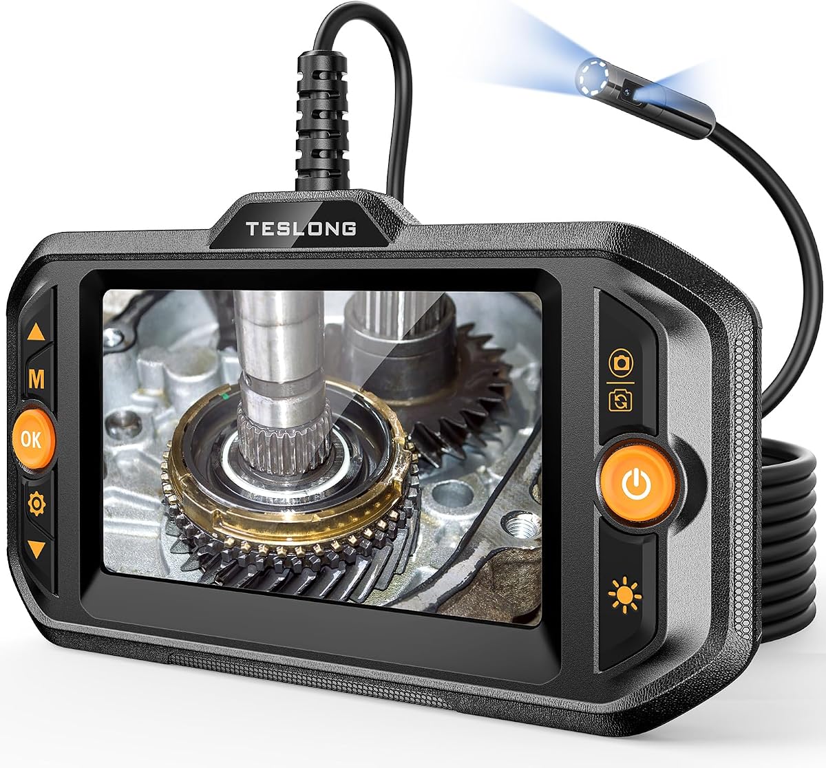 Boroscopio de doble lente Teslong con luz para ventilación de pared mecánica automotriz | Endoscopio de 0.32 pulgadas, pantalla IPS de 4.3", cable de 16.5FT, 1.0MP HD, 8+1 luces LED, IP67 a prueba de agua, batería de 1500 mAh, zoom de 1.5x